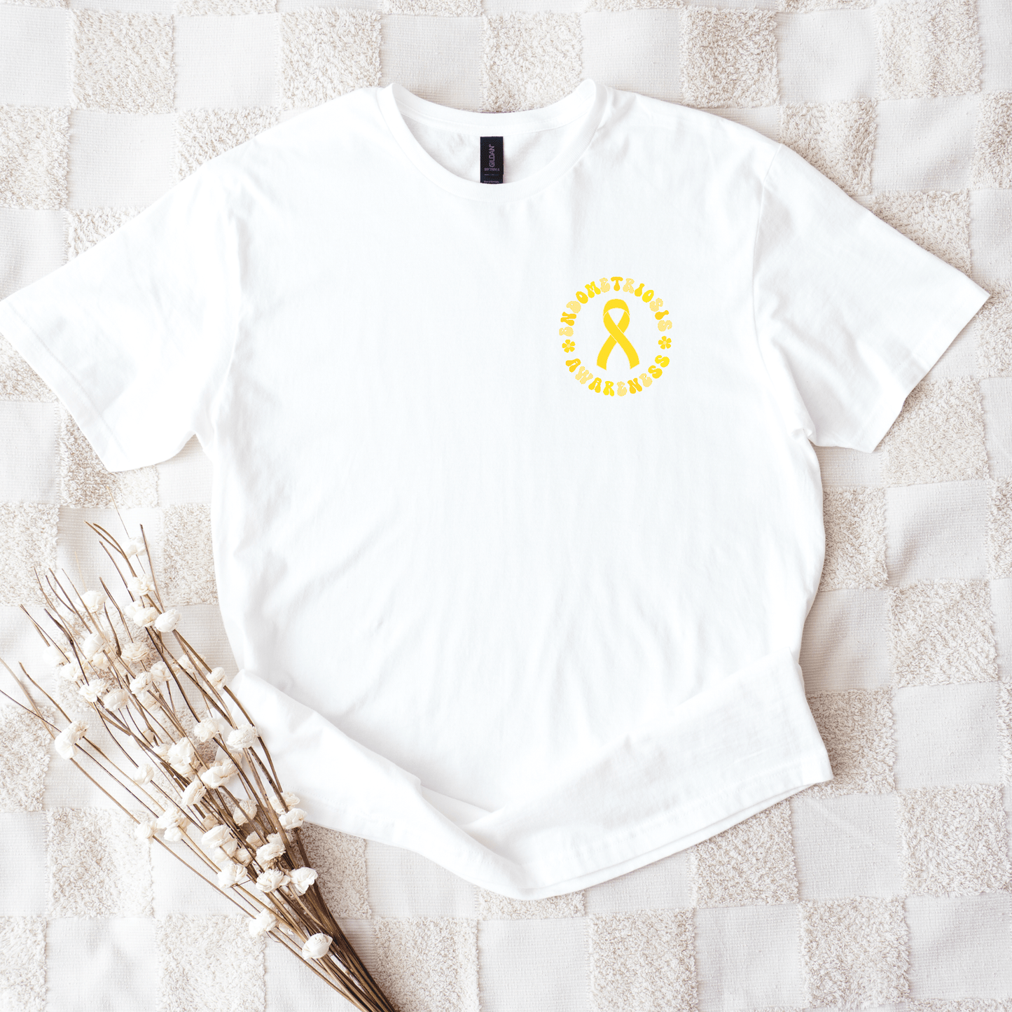 Endo Warrior Shirt | Endometriosis Awareness Gift white tee with small yellow awareness ribbon chest logo
