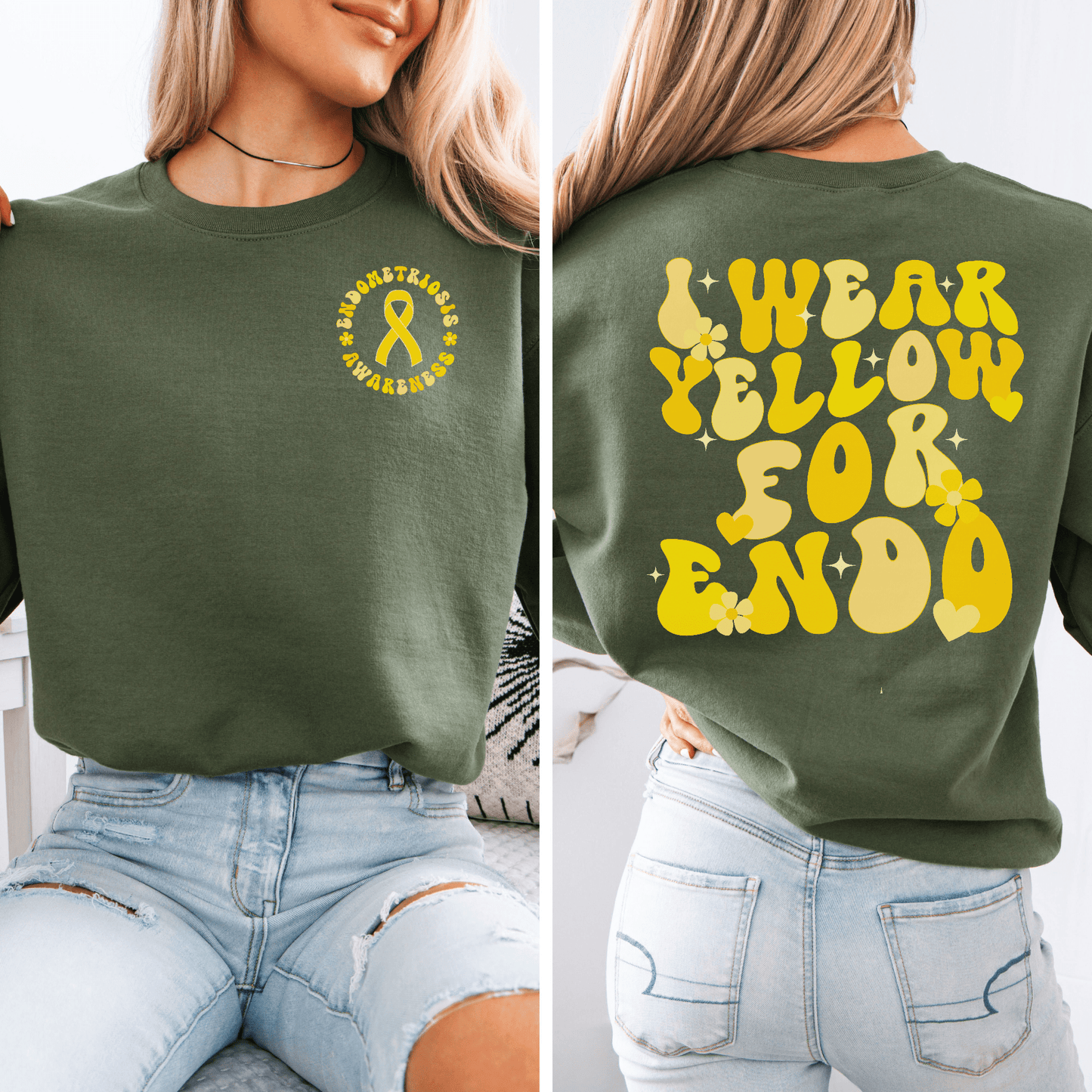 Endometriosis Awareness Jumper olive green sweatshirt with yellow ribbon chest print and retro back slogan