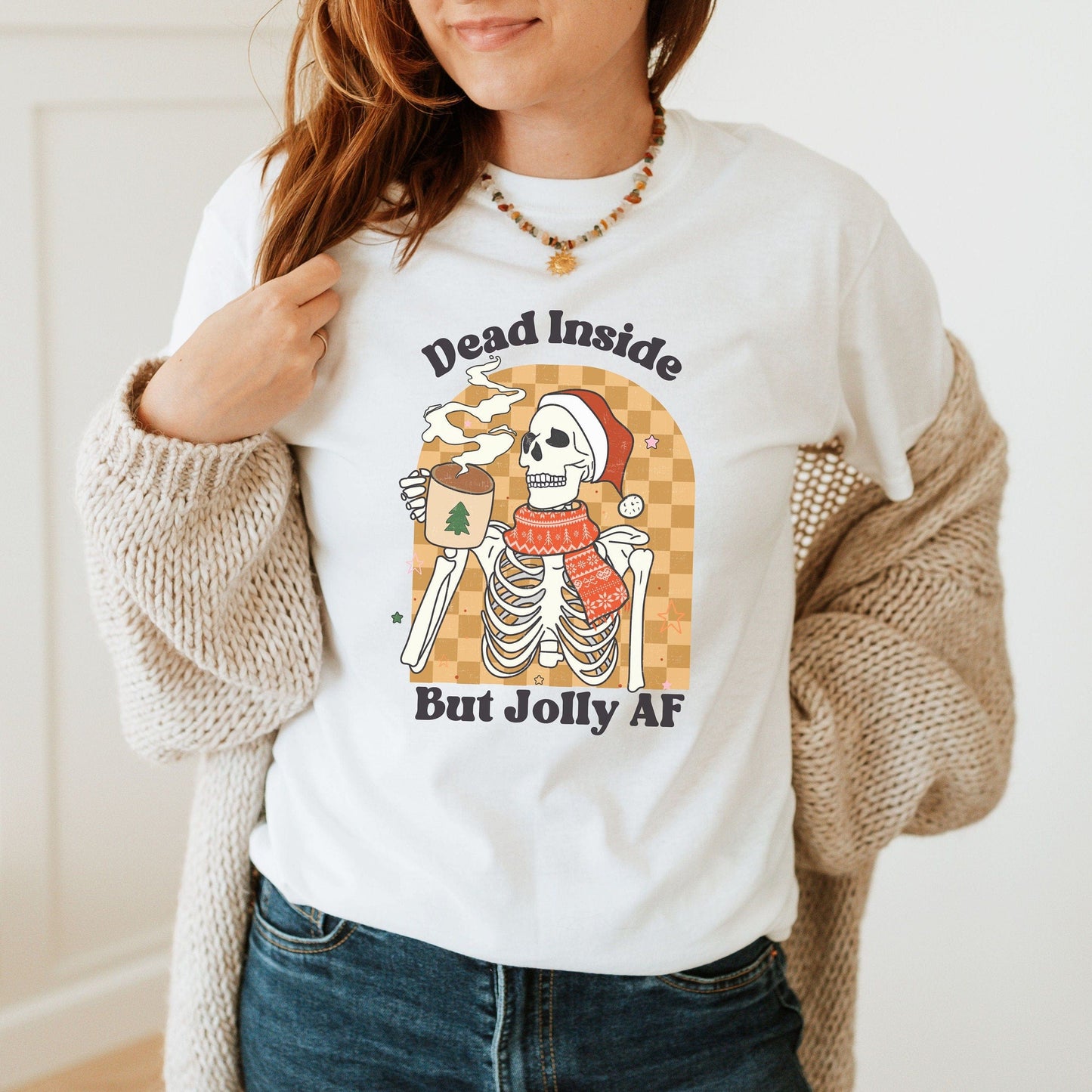 Dead Inside but Jolly AF shirt, Christmas Skeleton Shirt, Funny Christmas shirt, Skeleton Coffee t-shirt, Coffee lover christmas gift,