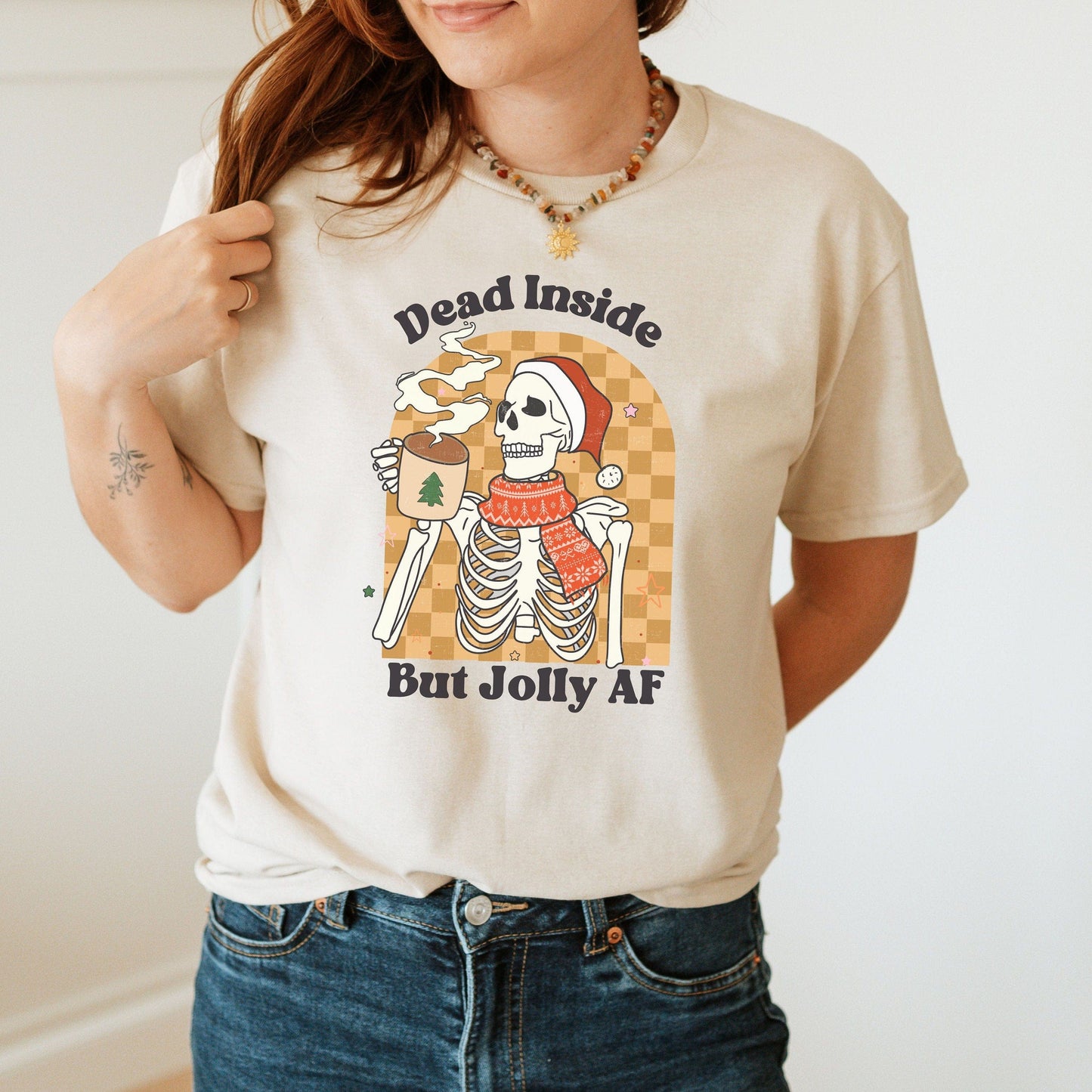 Dead Inside but Jolly AF shirt, Christmas Skeleton Shirt, Funny Christmas shirt, Skeleton Coffee t-shirt, Coffee lover christmas gift,