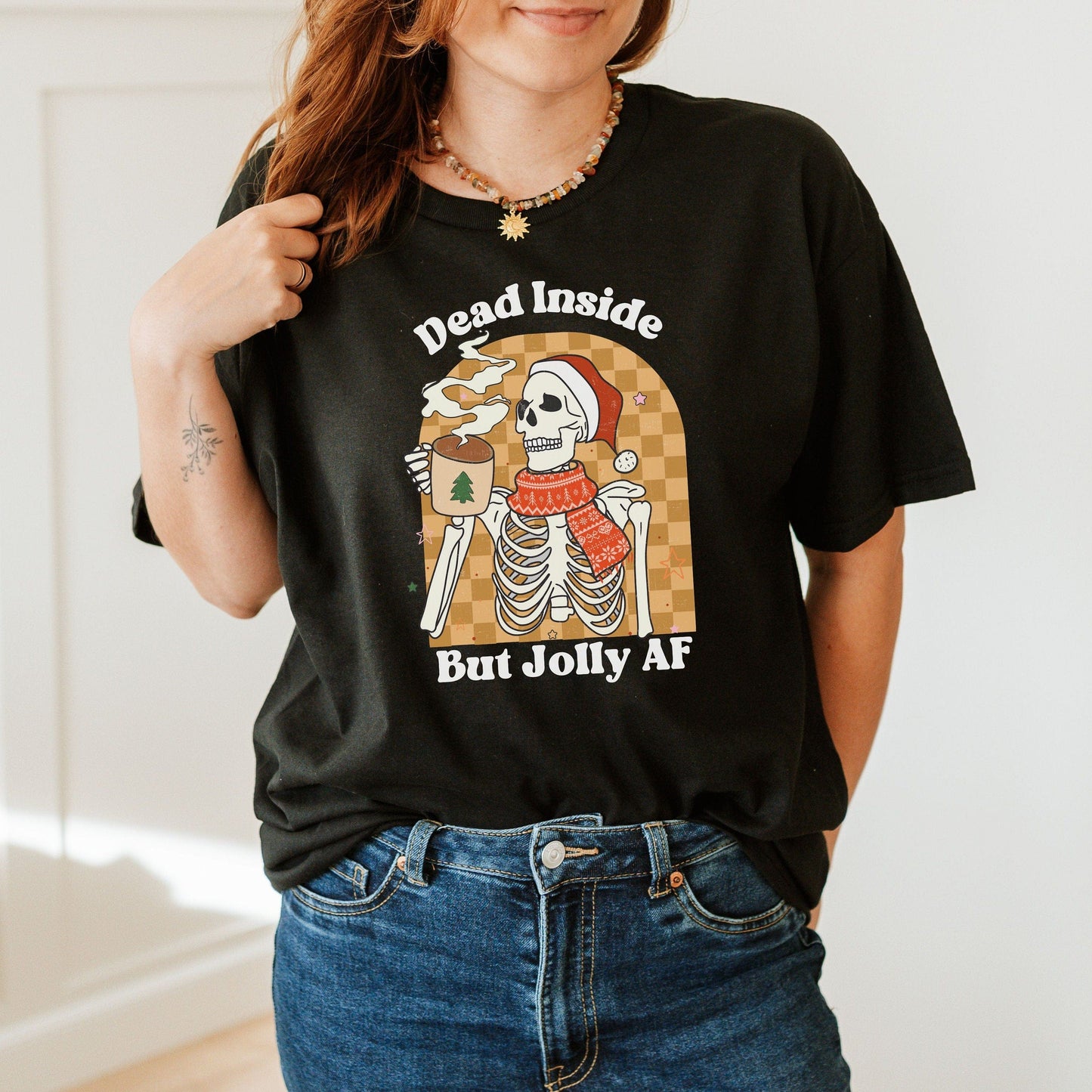 Dead Inside but Jolly AF shirt, Christmas Skeleton Shirt, Funny Christmas shirt, Skeleton Coffee t-shirt, Coffee lover christmas gift,