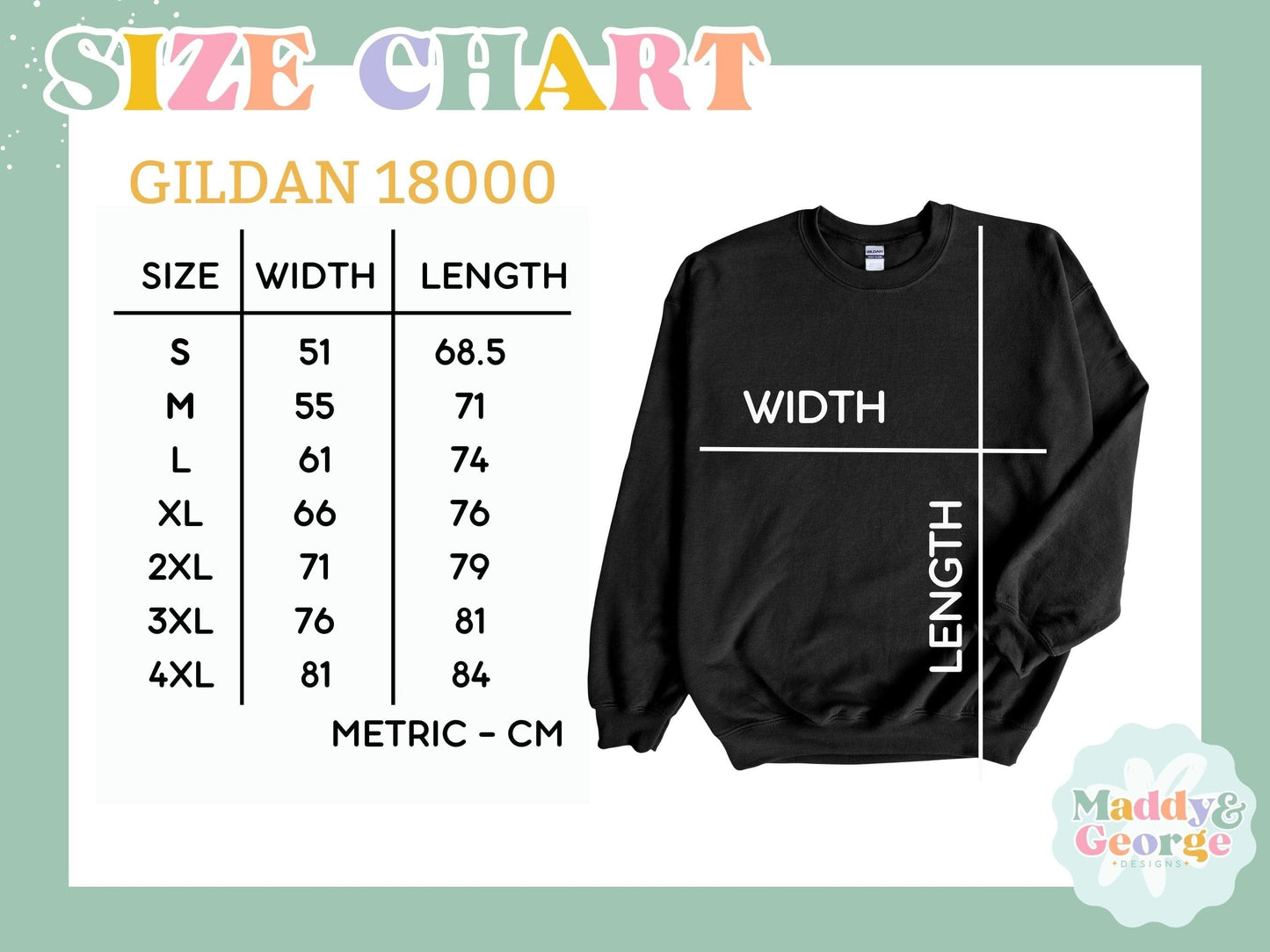 a size chart for a sweatshirt with the measurements