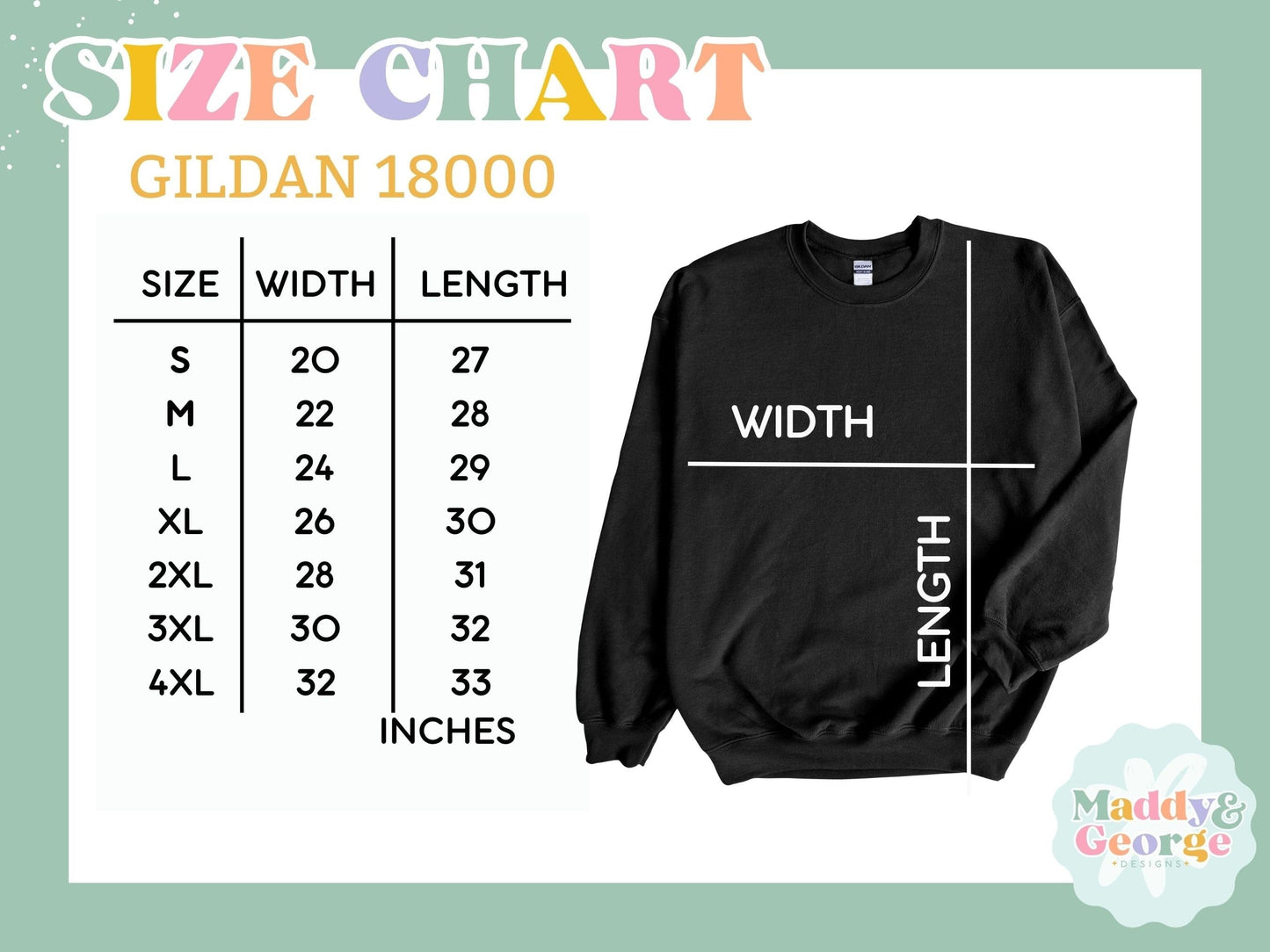 a black sweatshirt with the size chart of the sweatshirt
