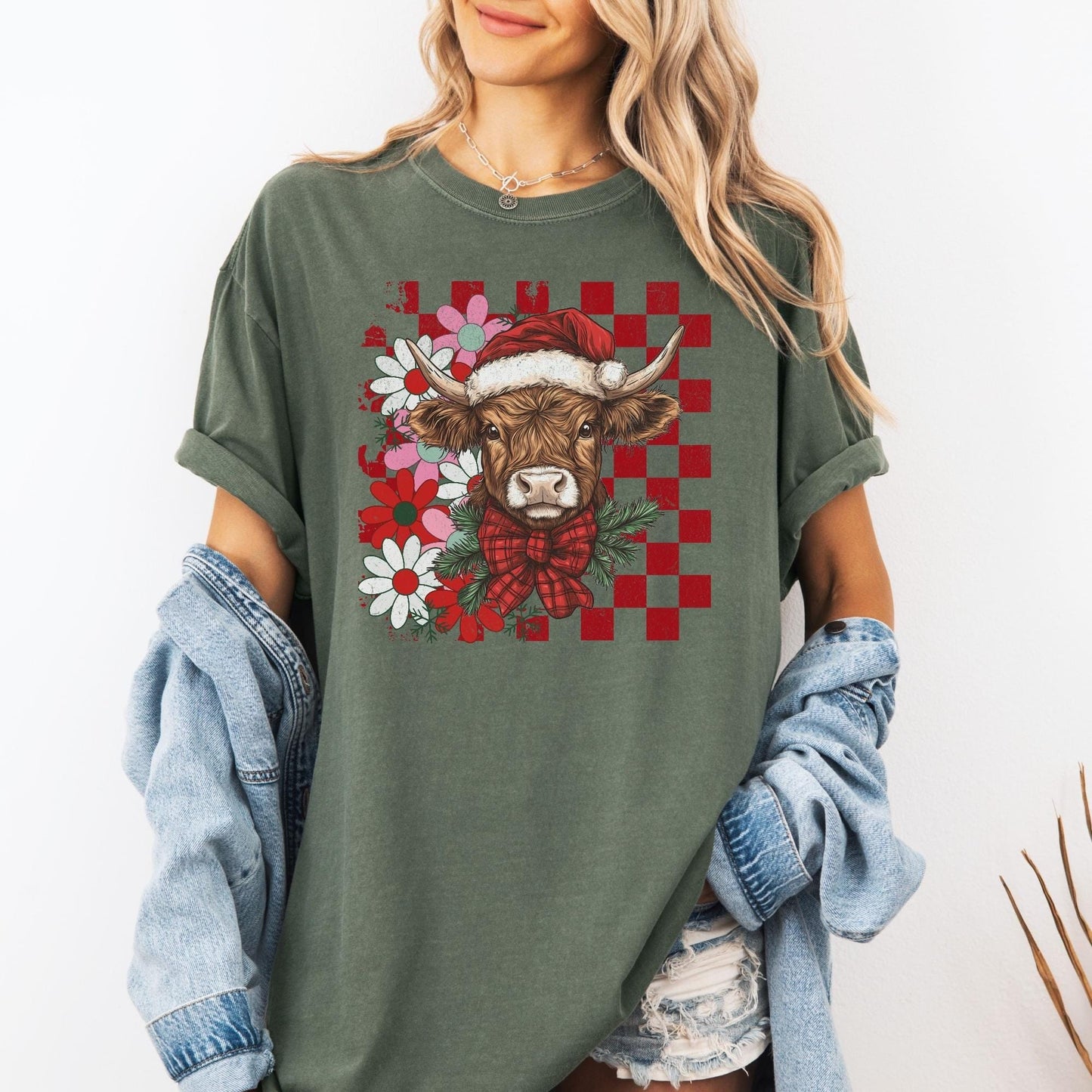 Highland Cow Christmas Comfort Colors Shirt, Vintage Merry Christmas TShirt, Western Christmas Outfit, Xmas Gift For Her, Coquette Cowgirl