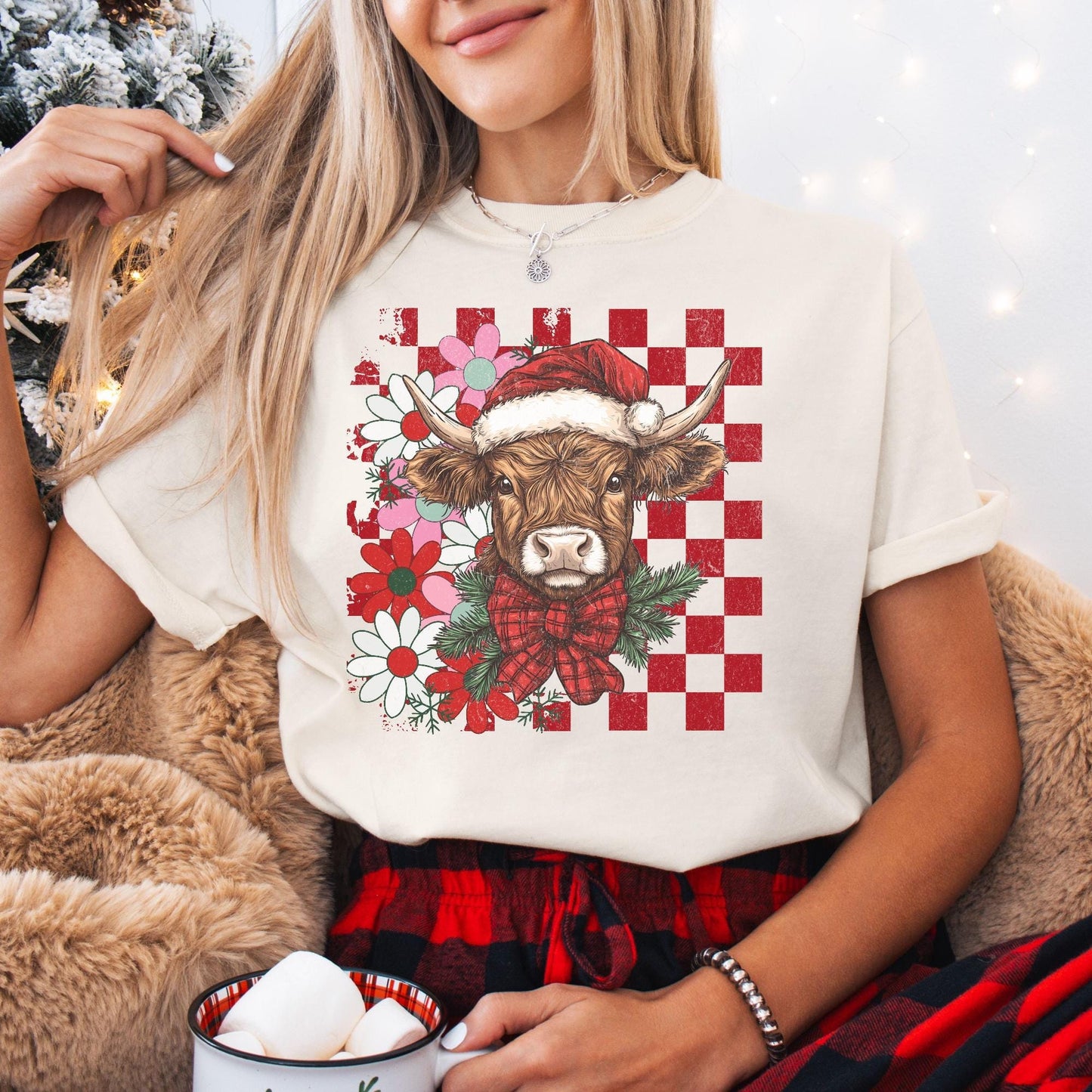 Highland Cow Christmas Comfort Colors Shirt, Vintage Merry Christmas TShirt, Western Christmas Outfit, Xmas Gift For Her, Coquette Cowgirl