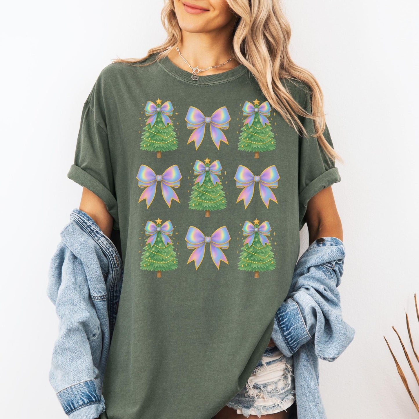 Coquette Bow Christmas Comfort Colors Shirt, Iridescent Christmas Tree T-Shirt, Xmas Gift for Her, Matching Family Holiday Tees, Cute Shirts