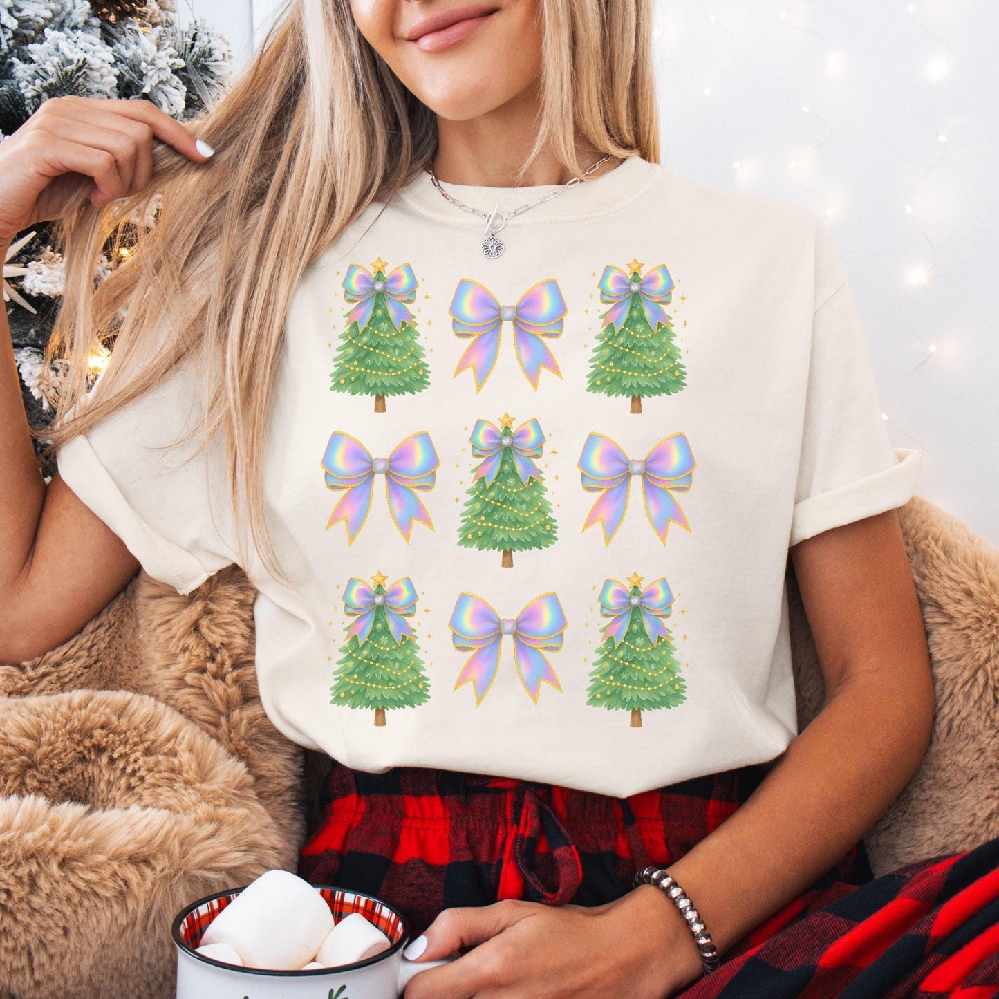 Coquette Bow Christmas Comfort Colors Shirt, Iridescent Christmas Tree T-Shirt, Xmas Gift for Her, Matching Family Holiday Tees, Cute Shirts