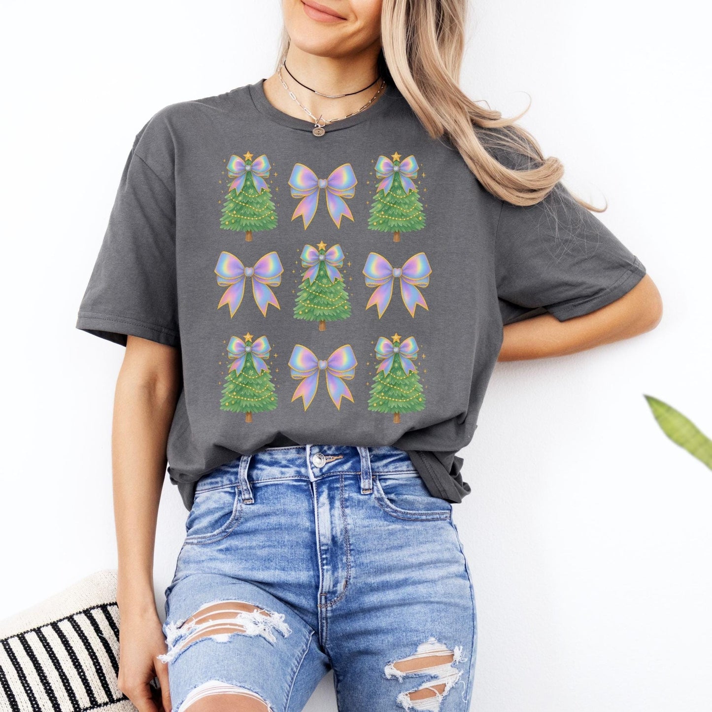 Coquette Bow Christmas Shirt, Iridescent Christmas Tree T-Shirt, Xmas Gift for Her, Matching Family Holiday Tees, Trendy Christmas Shirts