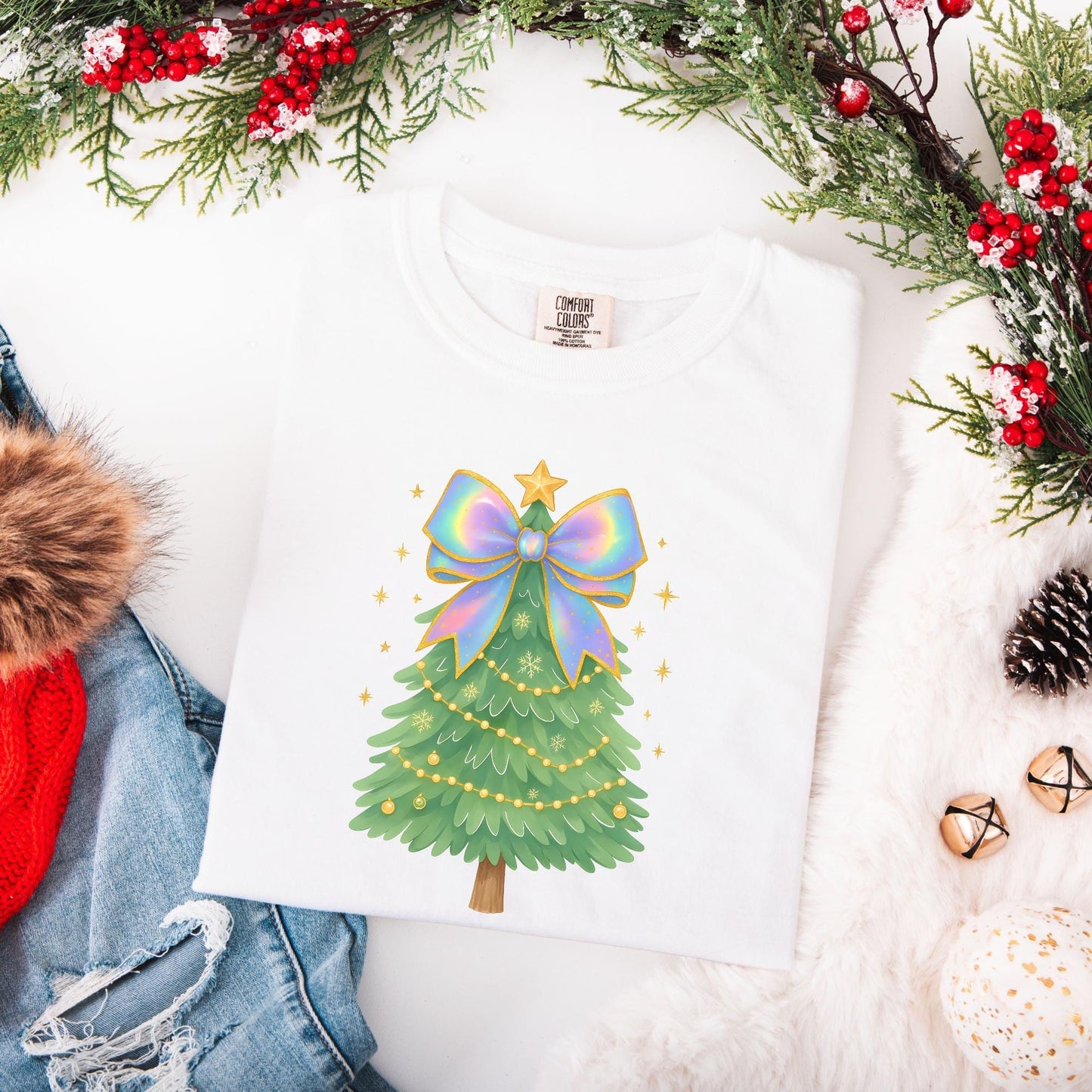 Coquette Bow Christmas Comfort Colors Shirt, Iridescent Christmas Tree T-Shirt, Xmas Gift for Her, Matching Family Holiday Tees, Cute Shirts