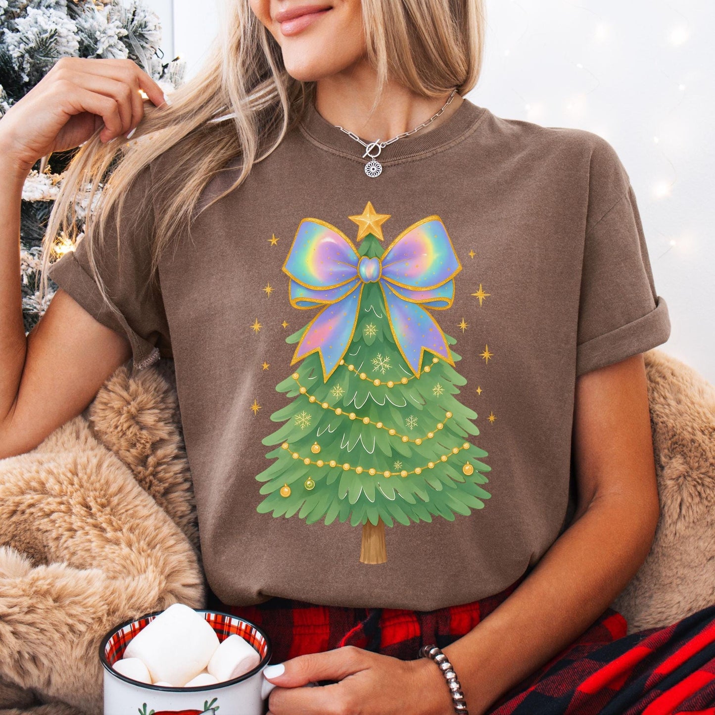 Coquette Bow Christmas Comfort Colors Shirt, Iridescent Christmas Tree T-Shirt, Xmas Gift for Her, Matching Family Holiday Tees, Cute Shirts