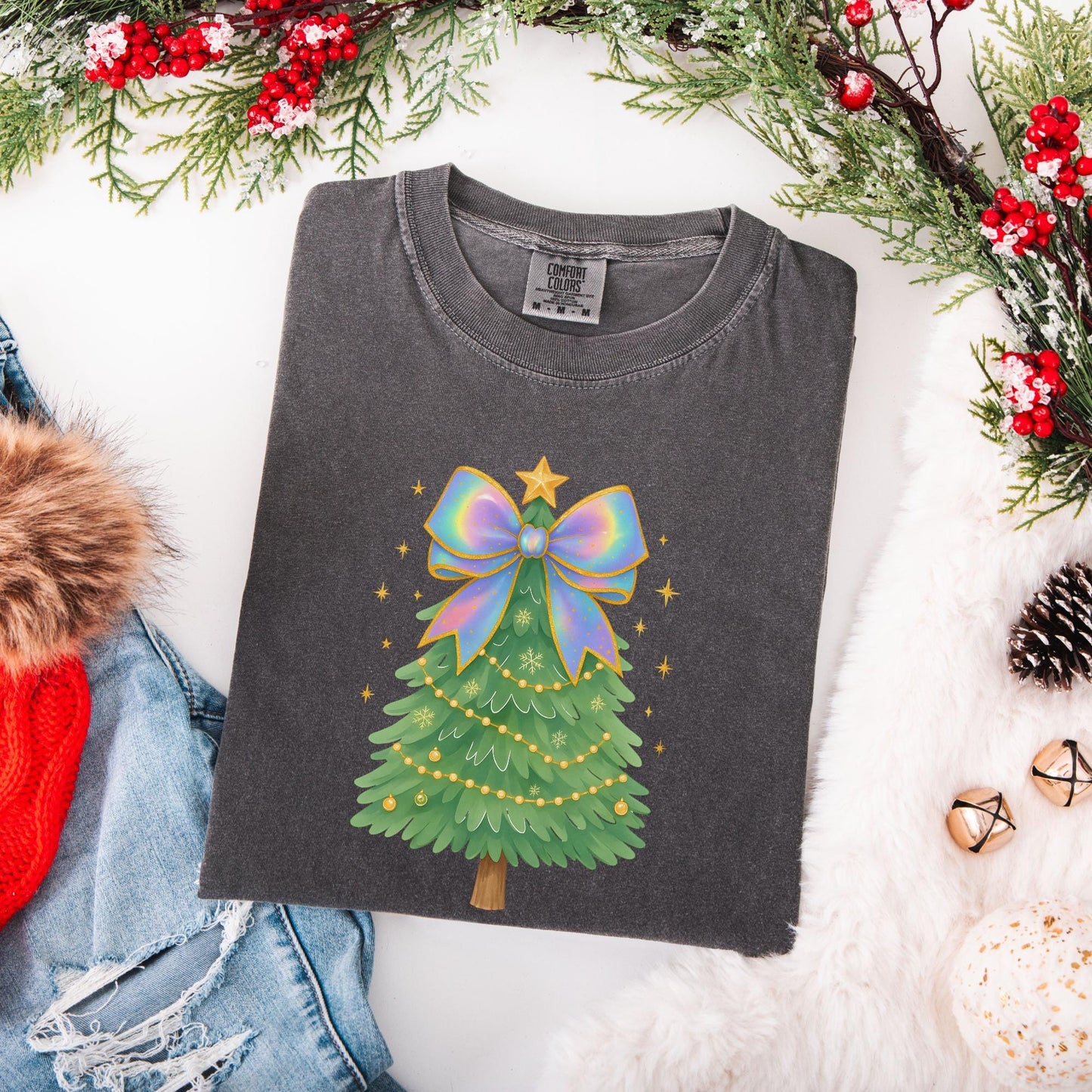 Coquette Bow Christmas Comfort Colors Shirt, Iridescent Christmas Tree T-Shirt, Xmas Gift for Her, Matching Family Holiday Tees, Cute Shirts
