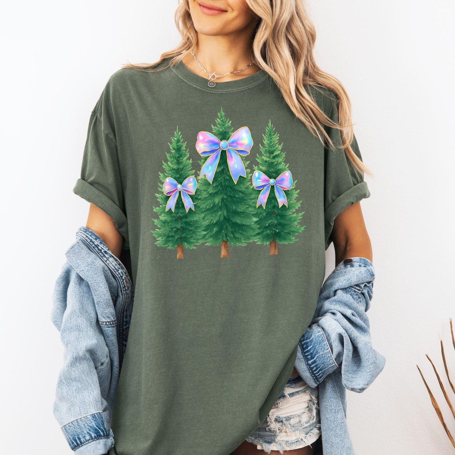 Coquette Bow Christmas Comfort Colors Shirt, Iridescent Christmas Tree T-Shirt, Xmas Gift for Her, Matching Family Holiday Tees, Girly Tee