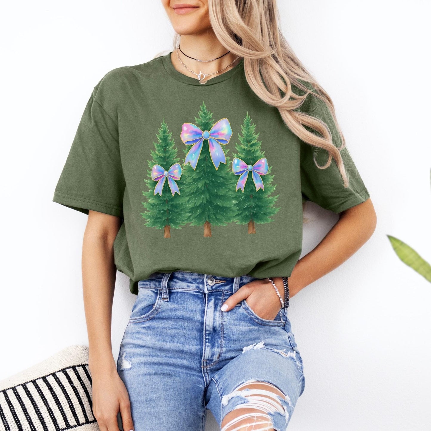 Coquette Bow Christmas Shirt, Iridescent Christmas Tree T-Shirt, Xmas Gift for Her, Matching Family Holiday Tees, Trendy Christmas Shirts