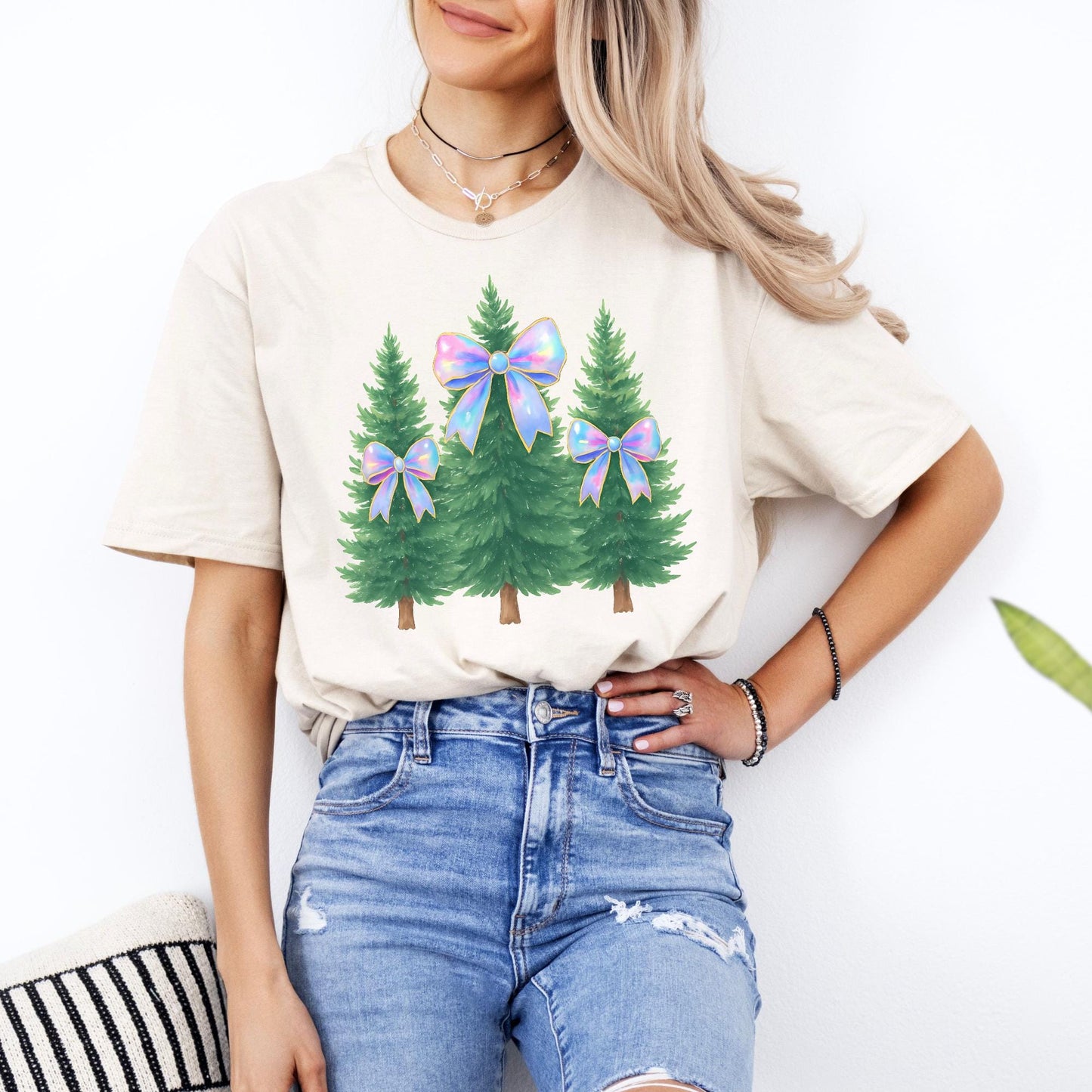 Coquette Bow Christmas Shirt, Iridescent Christmas Tree T-Shirt, Xmas Gift for Her, Matching Family Holiday Tees, Trendy Christmas Shirts