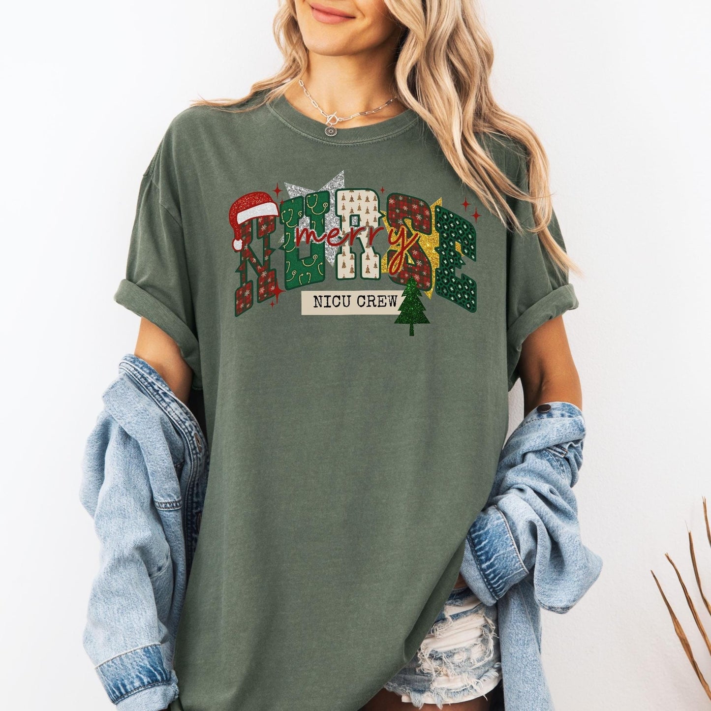 NICU Nurse Christmas Comfort Colors Shirt, Neonatal ICU T-Shirt, NICU Crew Christmas Shirts, Holiday Gifts for Neonatal Nurse, Faux Glitter
