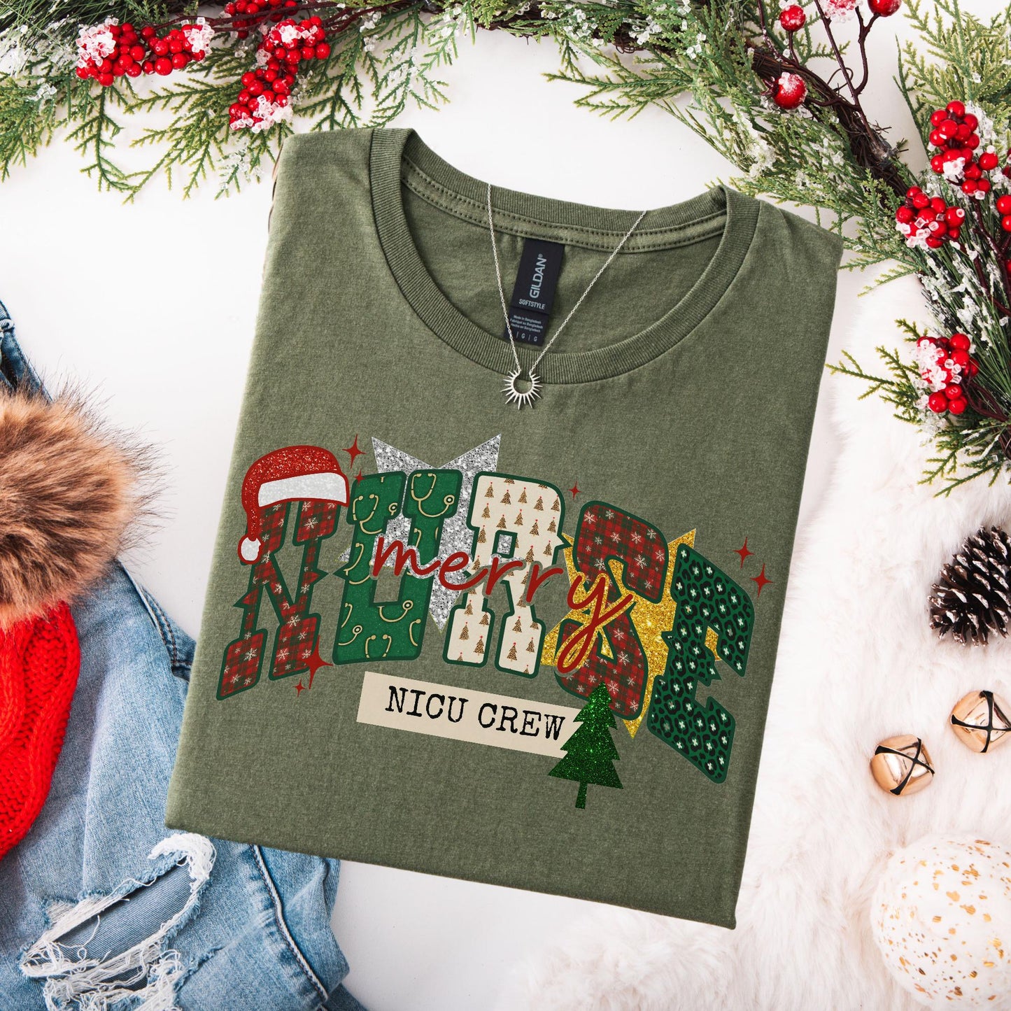 NICU Nurse Christmas Shirt, Neonatal ICU T-Shirt, NICU Crew Christmas Shirts, Holiday Gifts for Neonatal Nurse, Matching Tees, Faux Glitter