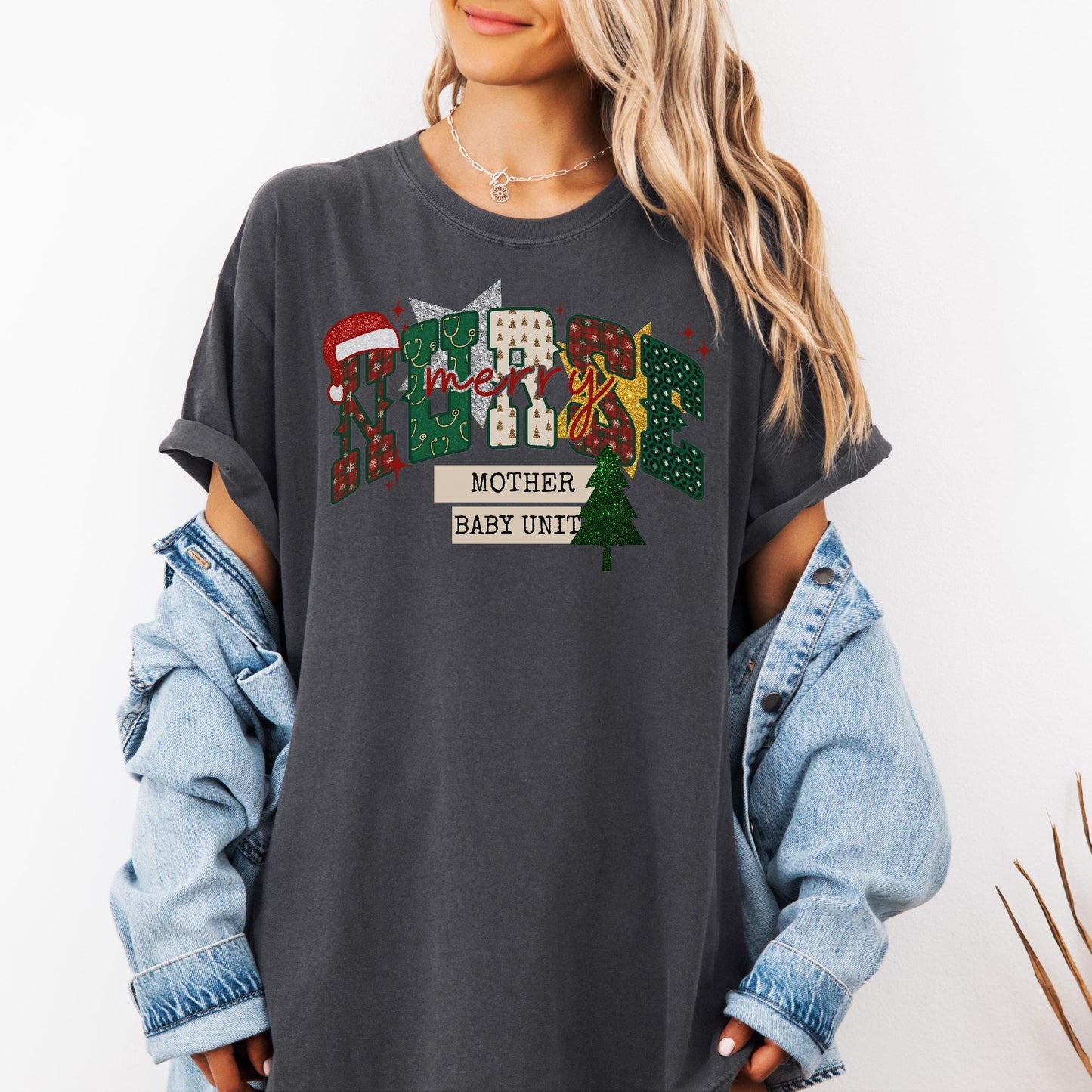Christmas Mother and Baby Nurse Comfort Colors Shirt, Mother Baby Unit T-Shirt, L&D Nurse Christmas Gift, Matching MBU Tees, Faux Glitter