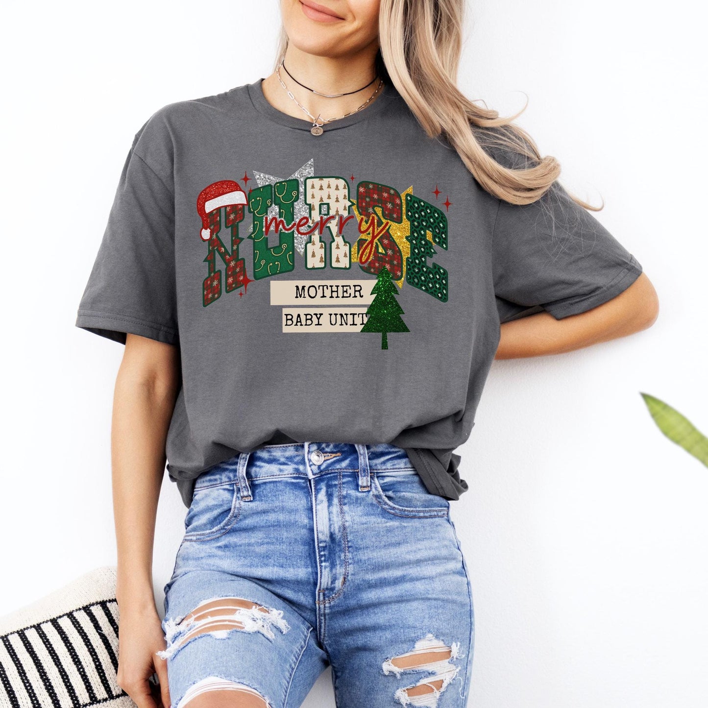 Christmas Mother and Baby Nurse Shirt, Mother Baby Unit T-Shirt, L&D Nurse Christmas Gift, Matching MBU Crew Tees, Postpartum, Faux Glitter