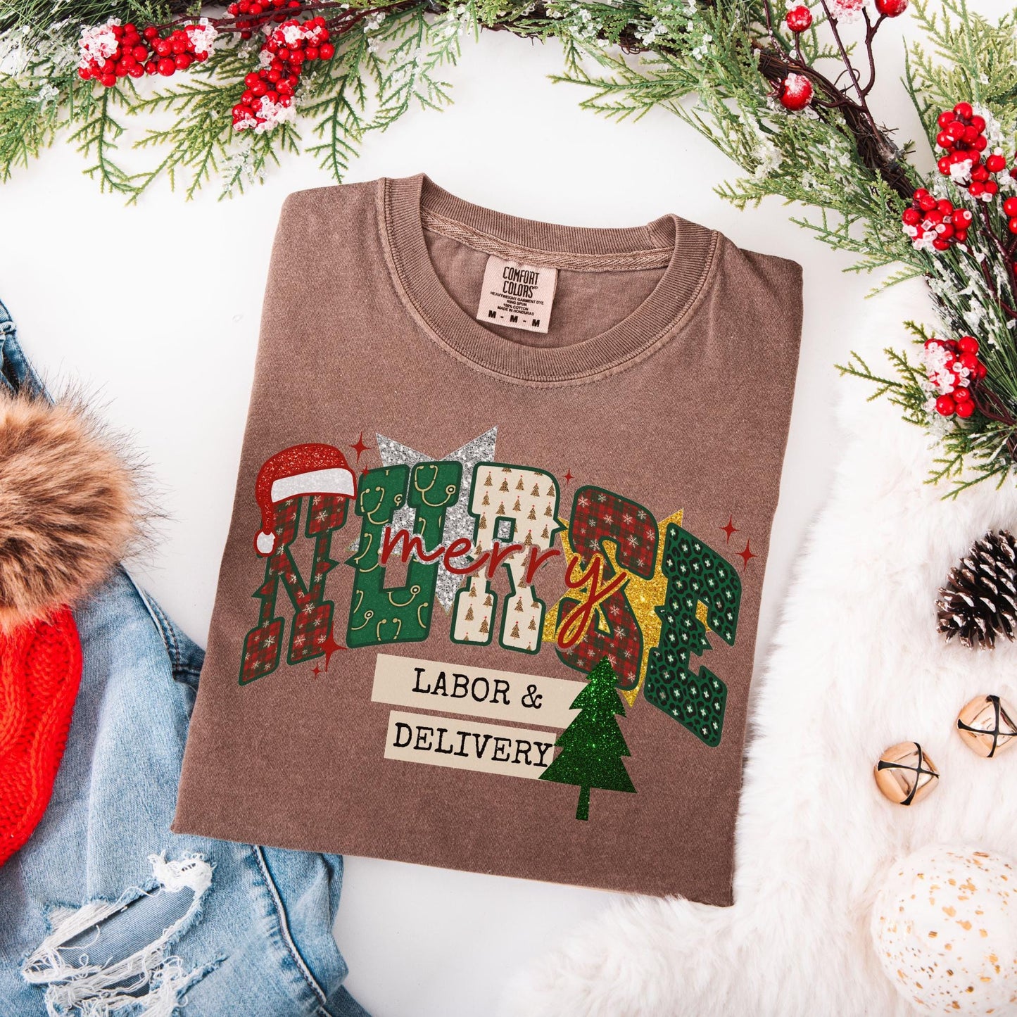 Christmas Labor And Delivery Nurse Comfort Colors Shirt, L&D Nurse Christmas Tees, OB Nurse Christmas Gift, Matching Holiday, Faux Glitter
