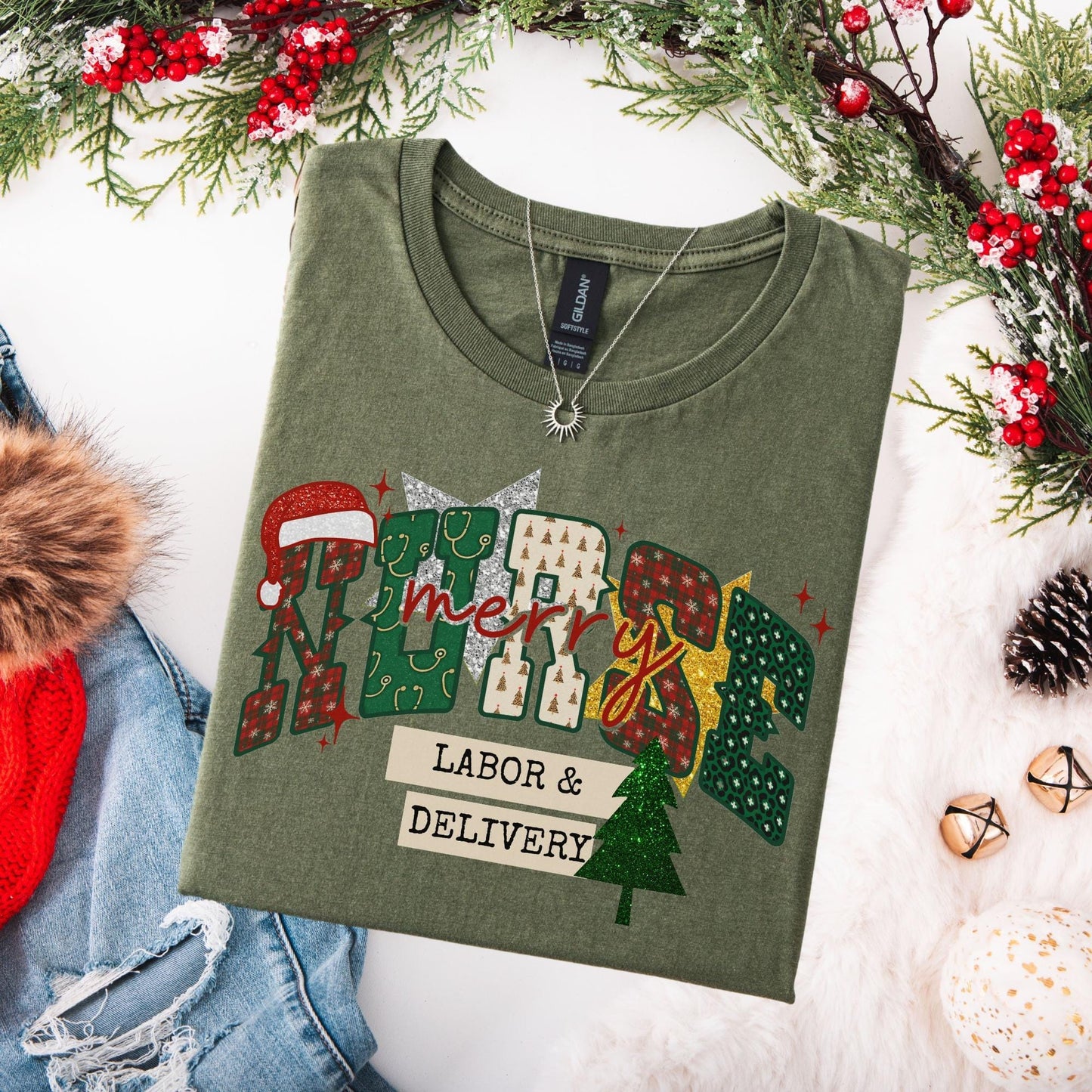 Christmas Labor And Delivery Nurse Shirt, L&D Nurse Holidays T-Shirt, OB Nurse Christmas Gift, Matching Labor Nurse Tees, Faux Glitter