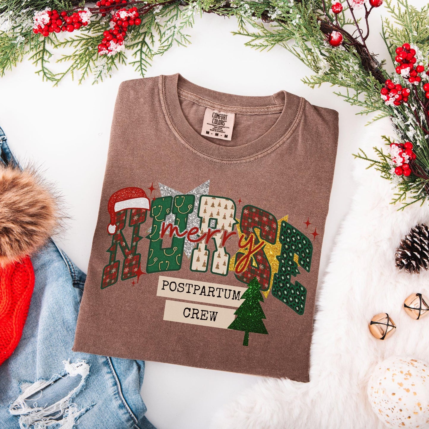 Postpartum Nurse Christmas Comfort Colors Shirt, Mother Baby Unit T-Shirt, L&D Nurse Xmas Gift, Matching MBU Crew Holiday Tees, Faux Glitter