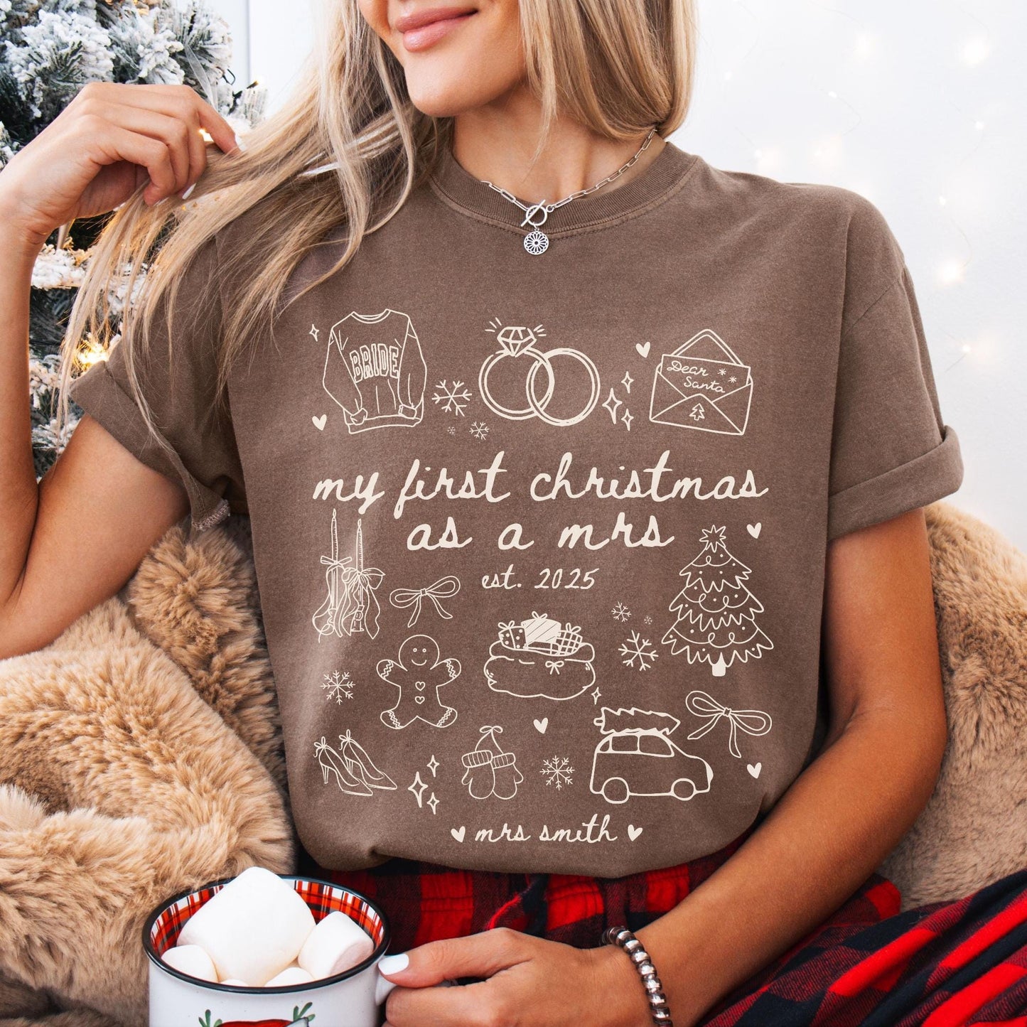 Custom Newlywed Wife Christmas Comfort Colors Shirt, First Christmas Married, Personalized Wifey Xmas Tee, Just Married Christmas Gifts