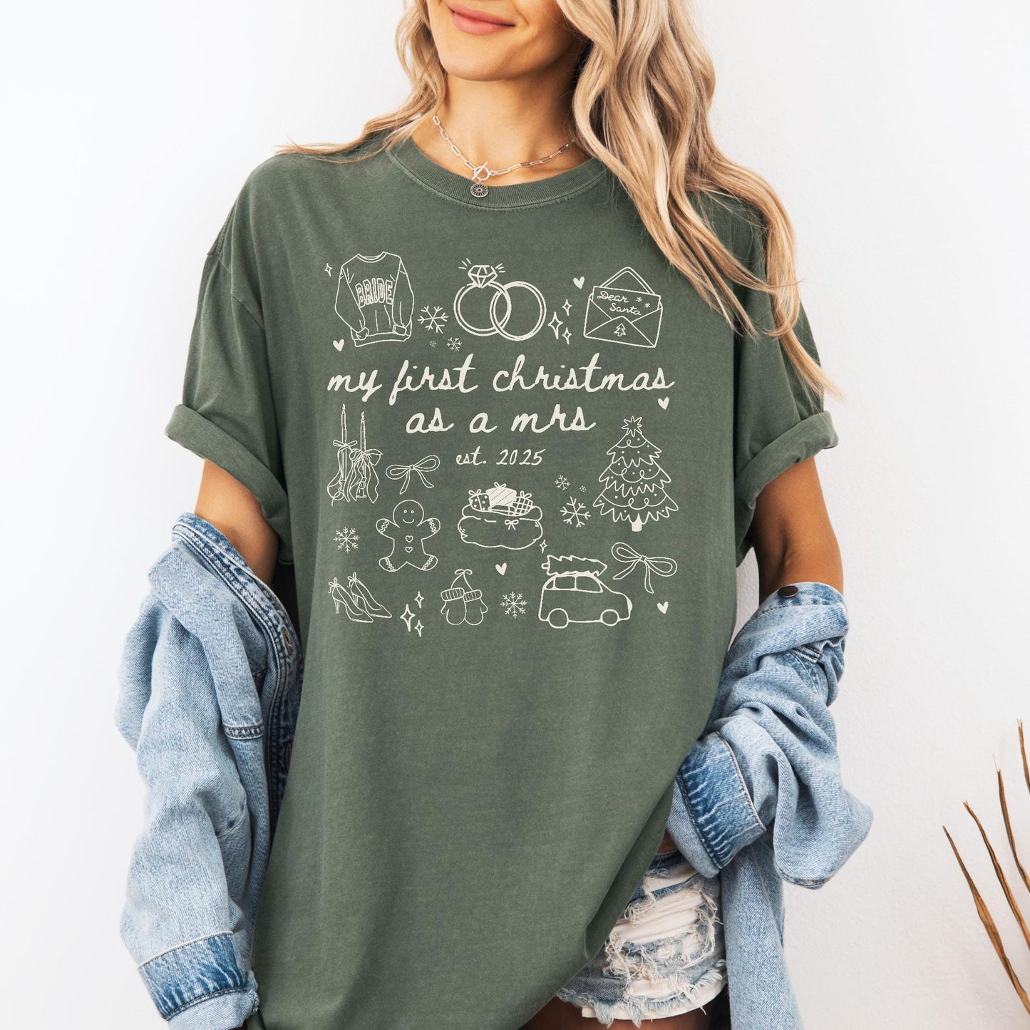 Custom Newlywed Wife Christmas Comfort Colors Shirt, First Christmas Married, Personalized Wifey Xmas Tee, Just Married Christmas Gifts