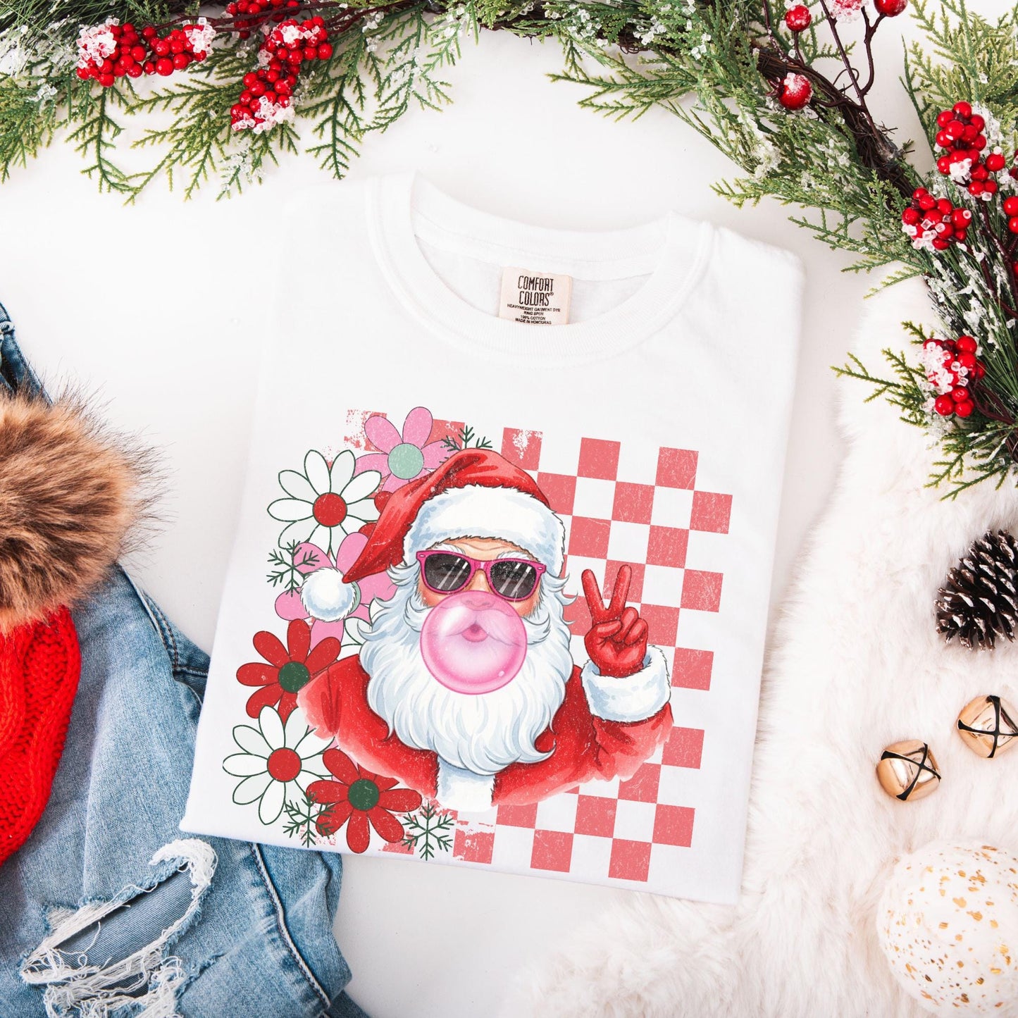 Retro Santa Comfort Colors Shirt, Funny Santa With Sunglasses Xmas, Bubblegum Santa Tee, Xmas Gifts for Her, Vintage Merry Christmas TShirt