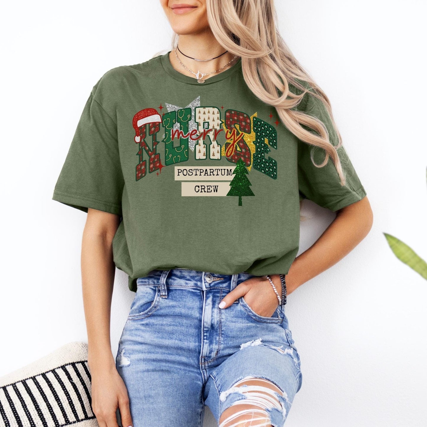 Postpartum Nurse Christmas Shirt, Mother Baby Unit T-Shirt, L&D Nurse Xmas Gift, Matching MBU Crew Tees, RN Holiday Shirts, Faux Glitter