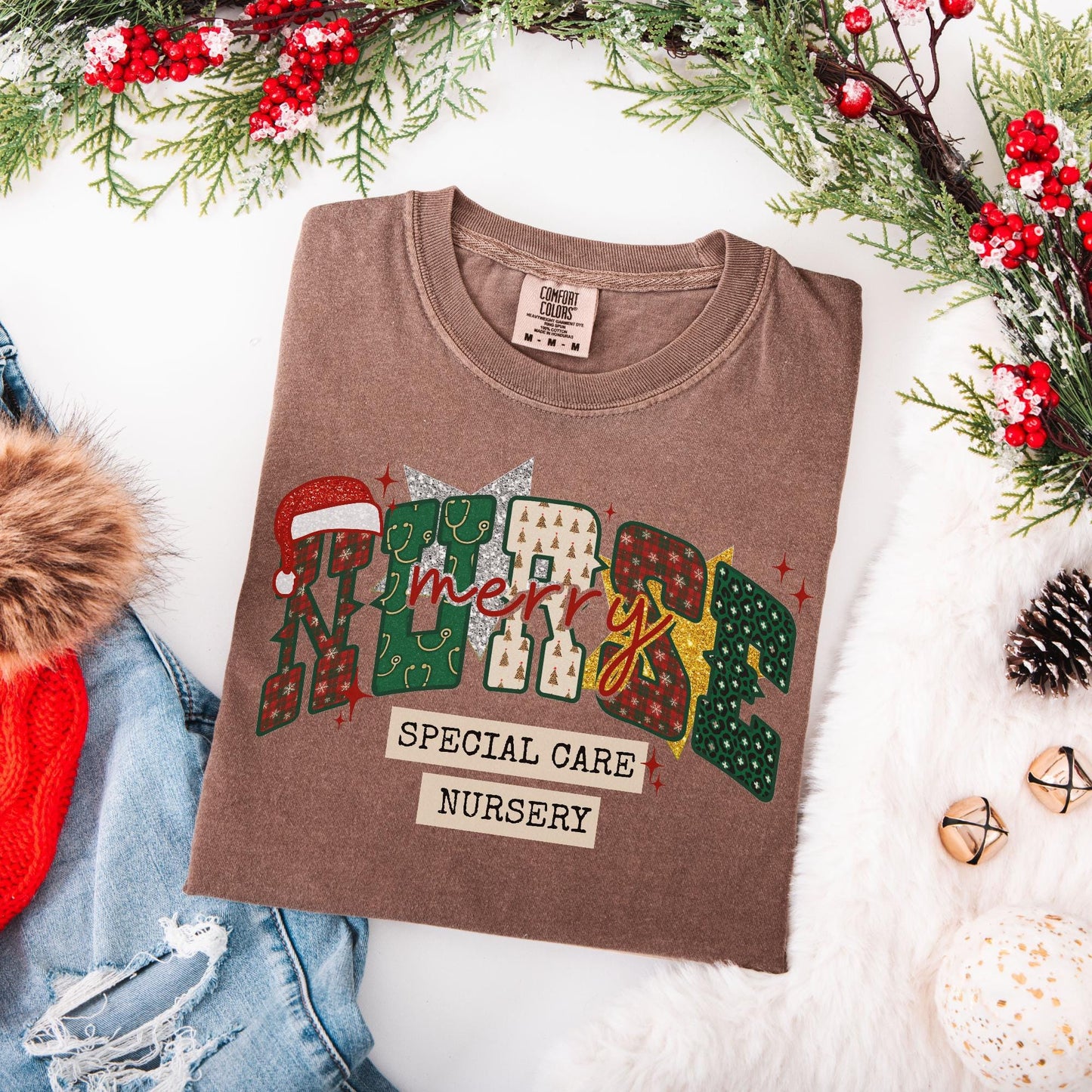 SCN Nurse Christmas Comfort Colors Shirt, Special Care Nursery T-Shirt, RN Christmas Shirts, Holiday Gifts for Baby Nurse, Faux Glitter