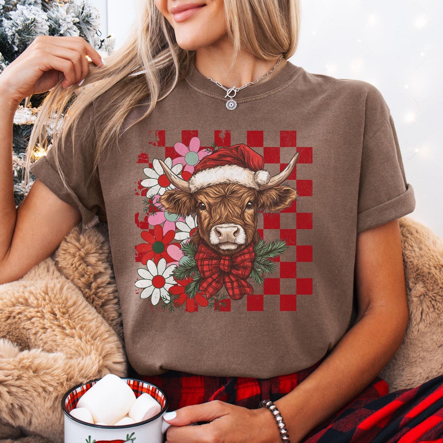 Highland Cow Christmas Comfort Colors Shirt, Vintage Merry Christmas TShirt, Western Christmas Outfit, Xmas Gift For Her, Coquette Cowgirl