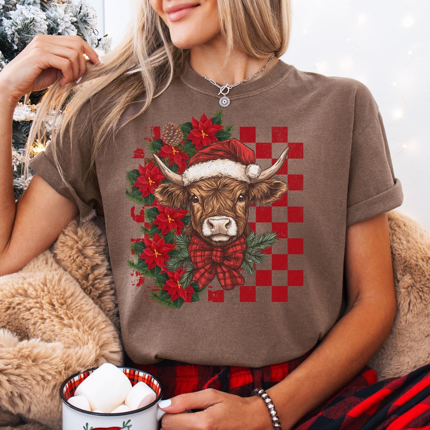 Highland Cow Christmas Comfort Colors Shirt, Vintage Merry Christmas TShirt, Western Christmas Outfit, Xmas Gift For Her, Coquette Cowgirl