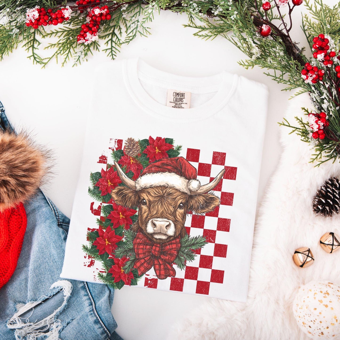 Highland Cow Christmas Comfort Colors Shirt, Vintage Merry Christmas TShirt, Western Christmas Outfit, Xmas Gift For Her, Coquette Cowgirl
