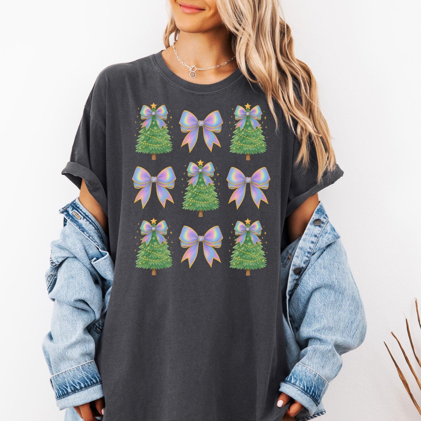 Coquette Bow Christmas Comfort Colors Shirt, Iridescent Christmas Tree T-Shirt, Xmas Gift for Her, Matching Family Holiday Tees, Cute Shirts
