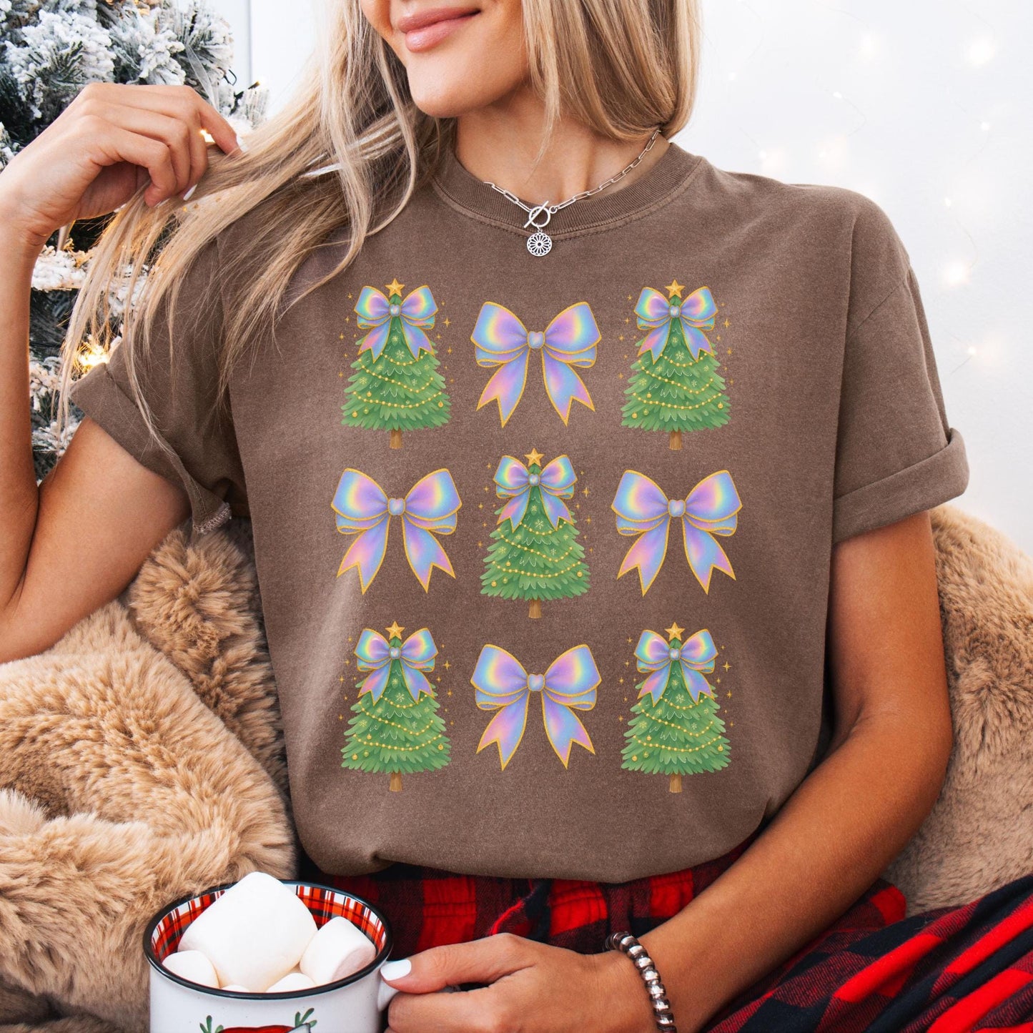 Coquette Bow Christmas Comfort Colors Shirt, Iridescent Christmas Tree T-Shirt, Xmas Gift for Her, Matching Family Holiday Tees, Cute Shirts