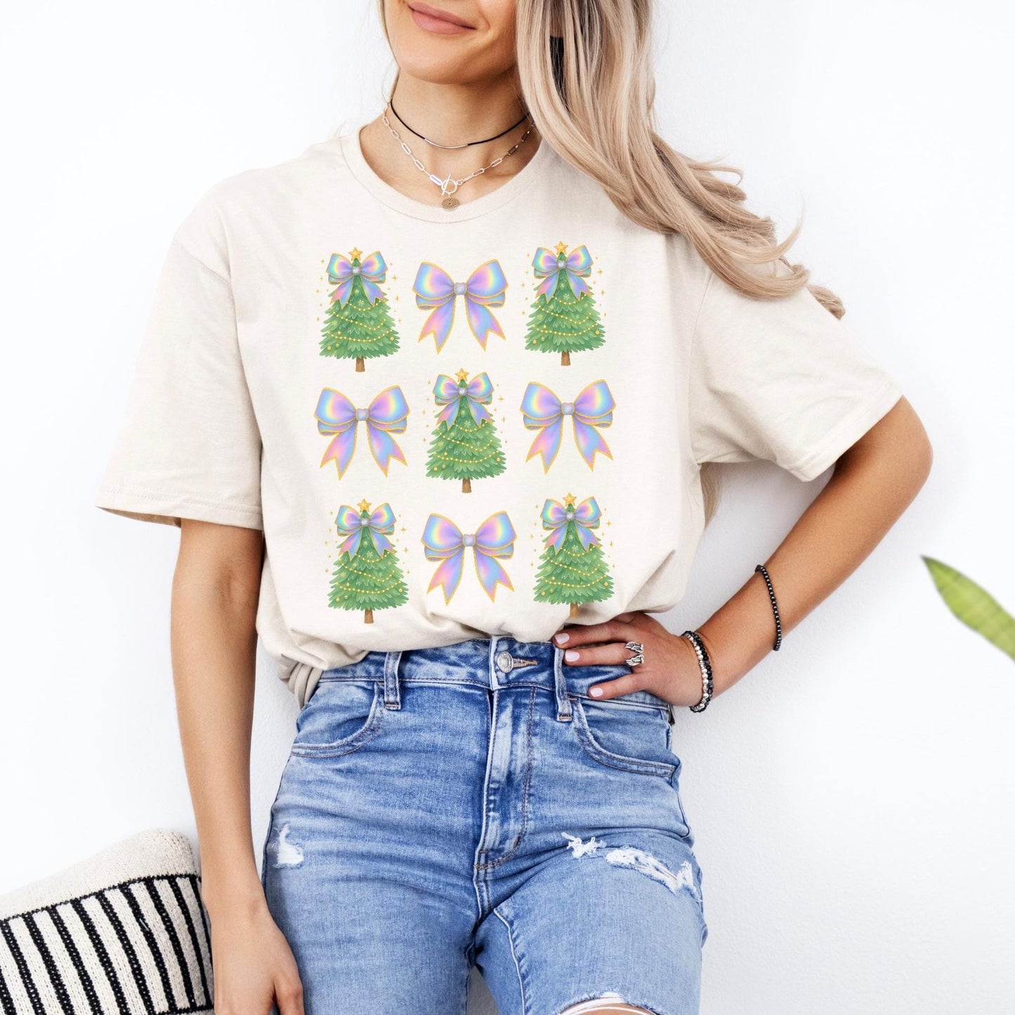 Coquette Bow Christmas Shirt, Iridescent Christmas Tree T-Shirt, Xmas Gift for Her, Matching Family Holiday Tees, Trendy Christmas Shirts