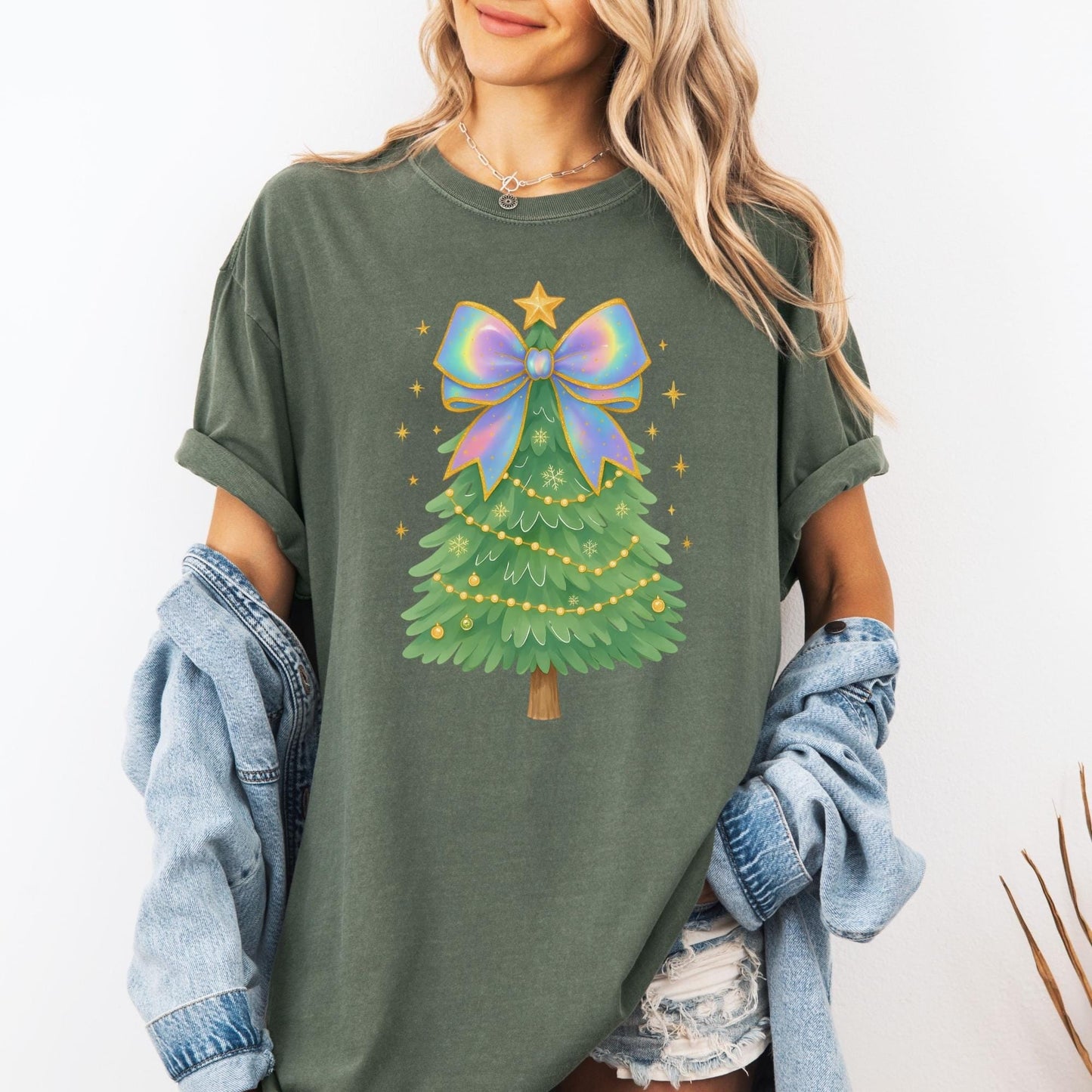 Coquette Bow Christmas Comfort Colors Shirt, Iridescent Christmas Tree T-Shirt, Xmas Gift for Her, Matching Family Holiday Tees, Cute Shirts