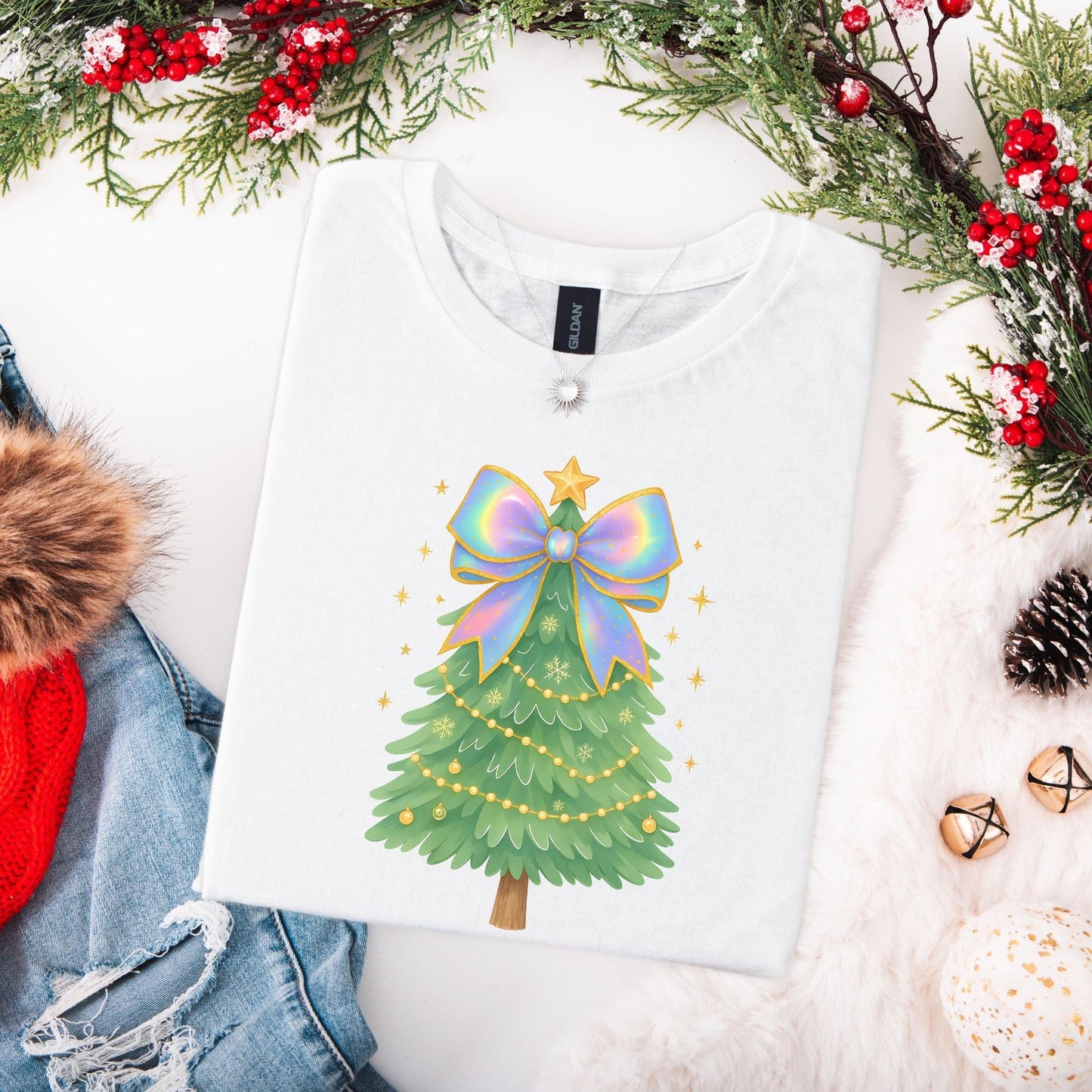 Coquette Bow Christmas Shirt, Iridescent Christmas Tree T-Shirt, Xmas Gift for Her, Matching Family Holiday Tees, Trendy Christmas Shirts