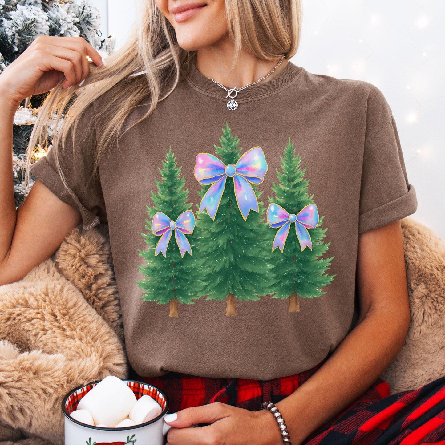 Coquette Bow Christmas Comfort Colors Shirt, Iridescent Christmas Tree T-Shirt, Xmas Gift for Her, Matching Family Holiday Tees, Girly Tee