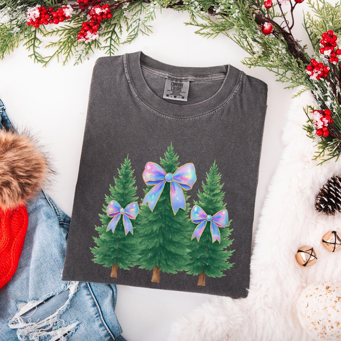 Coquette Bow Christmas Comfort Colors Shirt, Iridescent Christmas Tree T-Shirt, Xmas Gift for Her, Matching Family Holiday Tees, Girly Tee