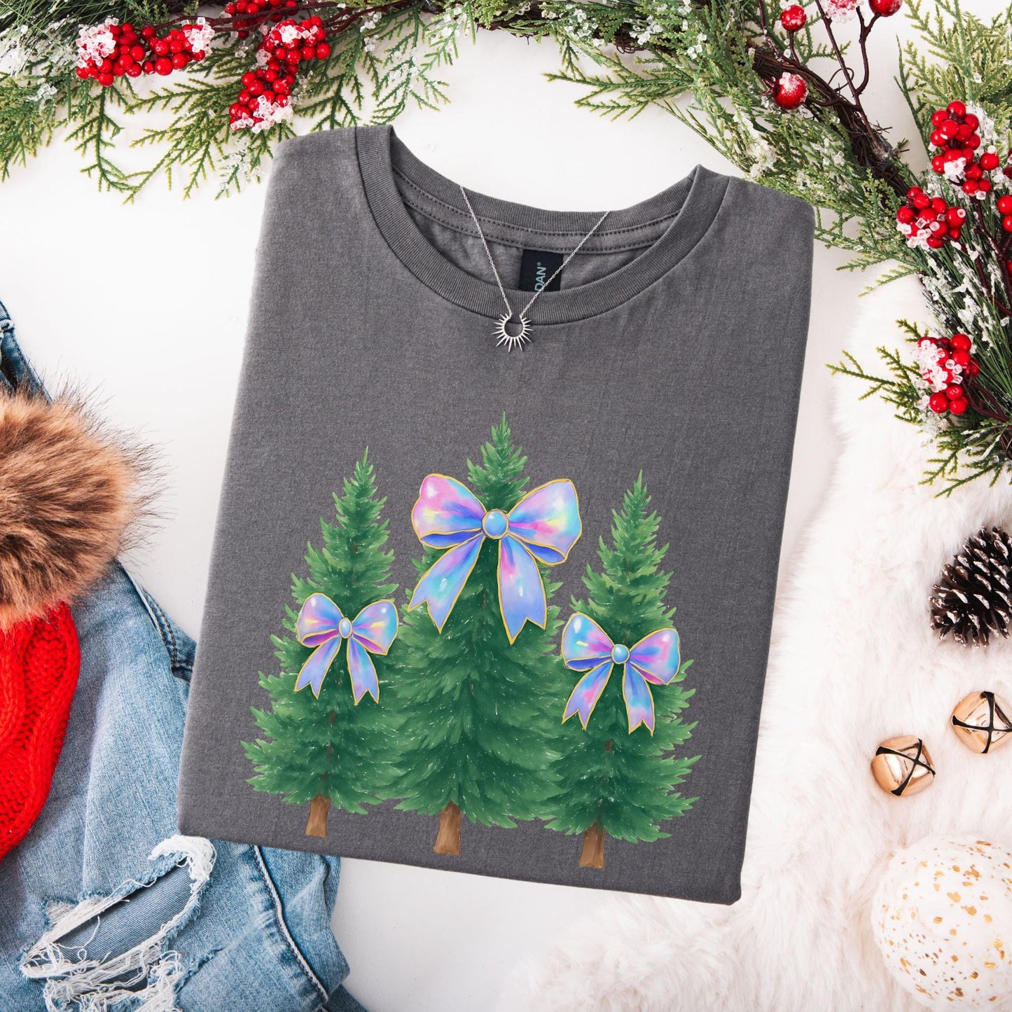 Coquette Bow Christmas Shirt, Iridescent Christmas Tree T-Shirt, Xmas Gift for Her, Matching Family Holiday Tees, Trendy Christmas Shirts
