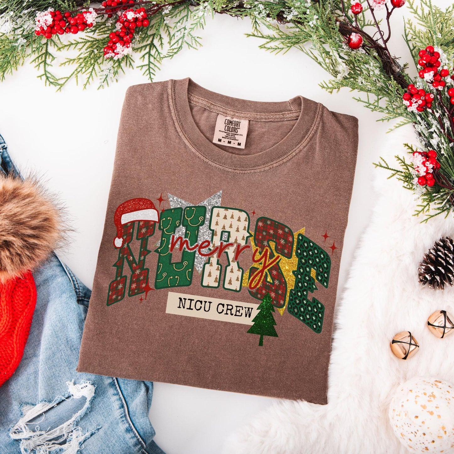 NICU Nurse Christmas Comfort Colors Shirt, Neonatal ICU T-Shirt, NICU Crew Christmas Shirts, Holiday Gifts for Neonatal Nurse, Faux Glitter