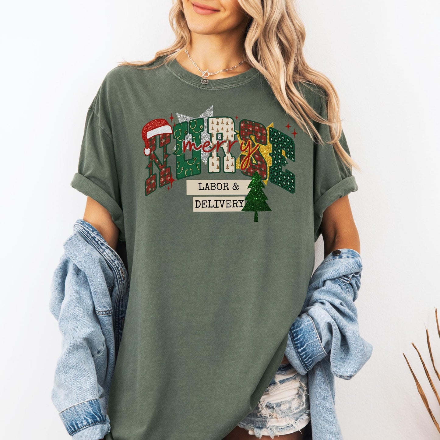 Christmas Labor And Delivery Nurse Comfort Colors Shirt, L&D Nurse Christmas Tees, OB Nurse Christmas Gift, Matching Holiday, Faux Glitter