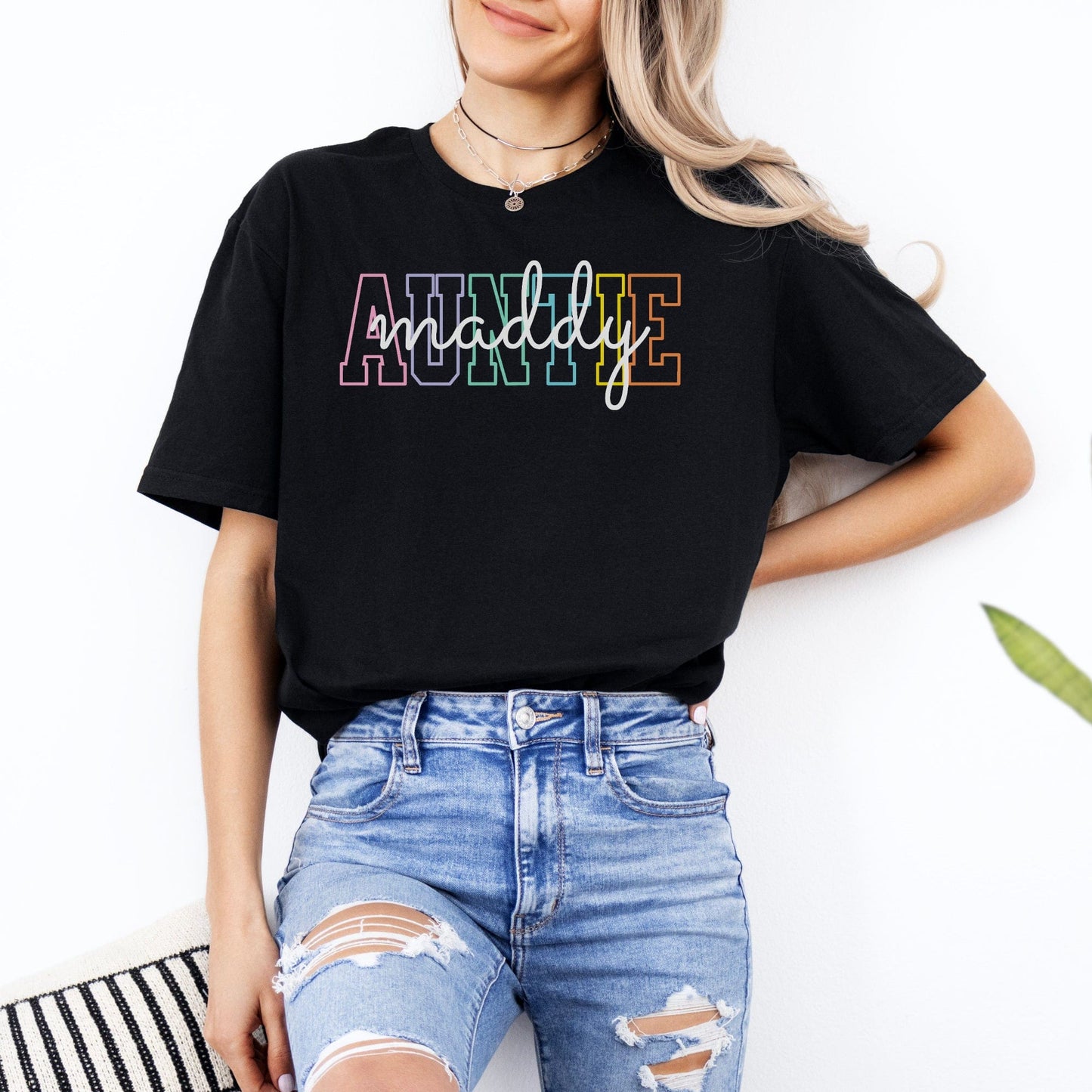 Custom Auntie Shirt black tee with multicolor outlined AUNTIE graphic and handwritten maddy name by Maddy and George Designs