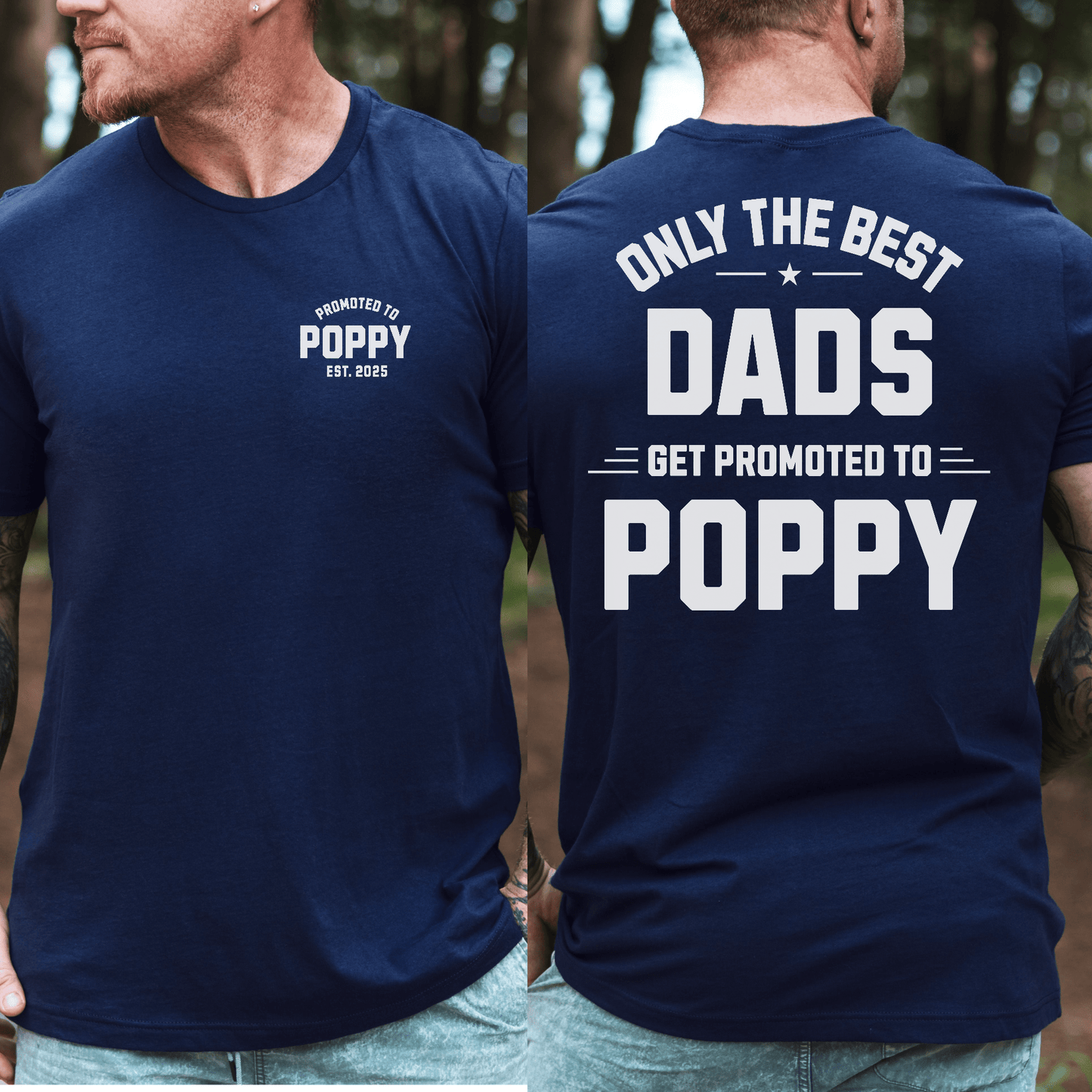 Maddy and George Designs Custom Promoted to Poppy Shirt navy tee with small front logo and bold back print
