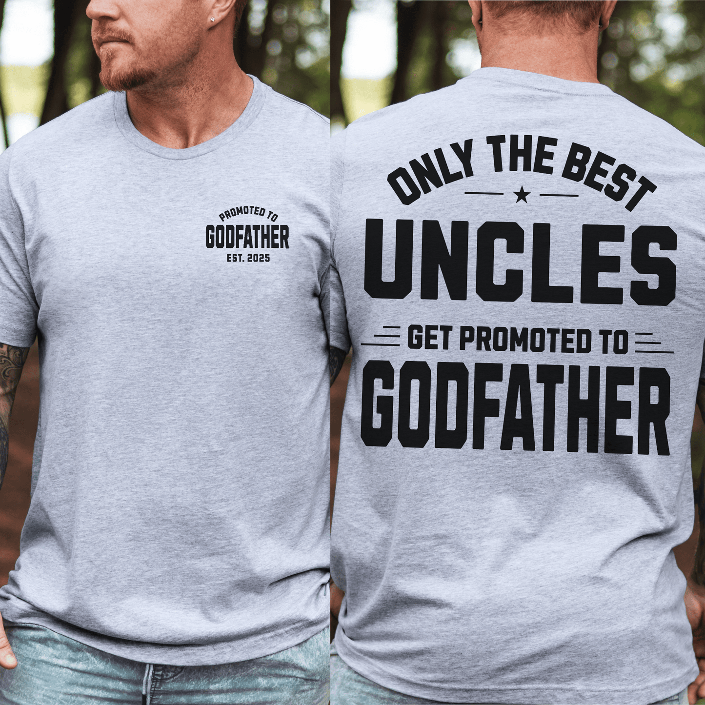 Custom Promoted To Godfather Shirt gray mens tee with small front logo and large bold back print for uncles