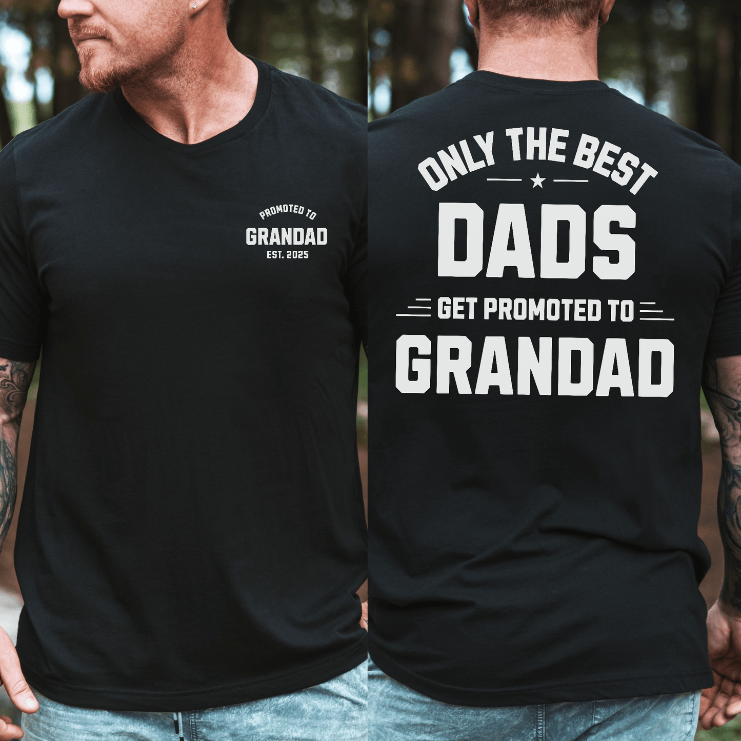 Custom Promoted to Grandad Shirt black short sleeve by Maddy and George Designs with white front chest print and bold back text