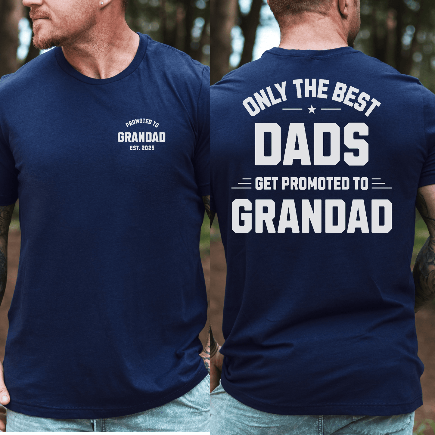 Custom Promoted to Grandad Shirt navy tee with small front logo and bold back text ideal new grandad gift