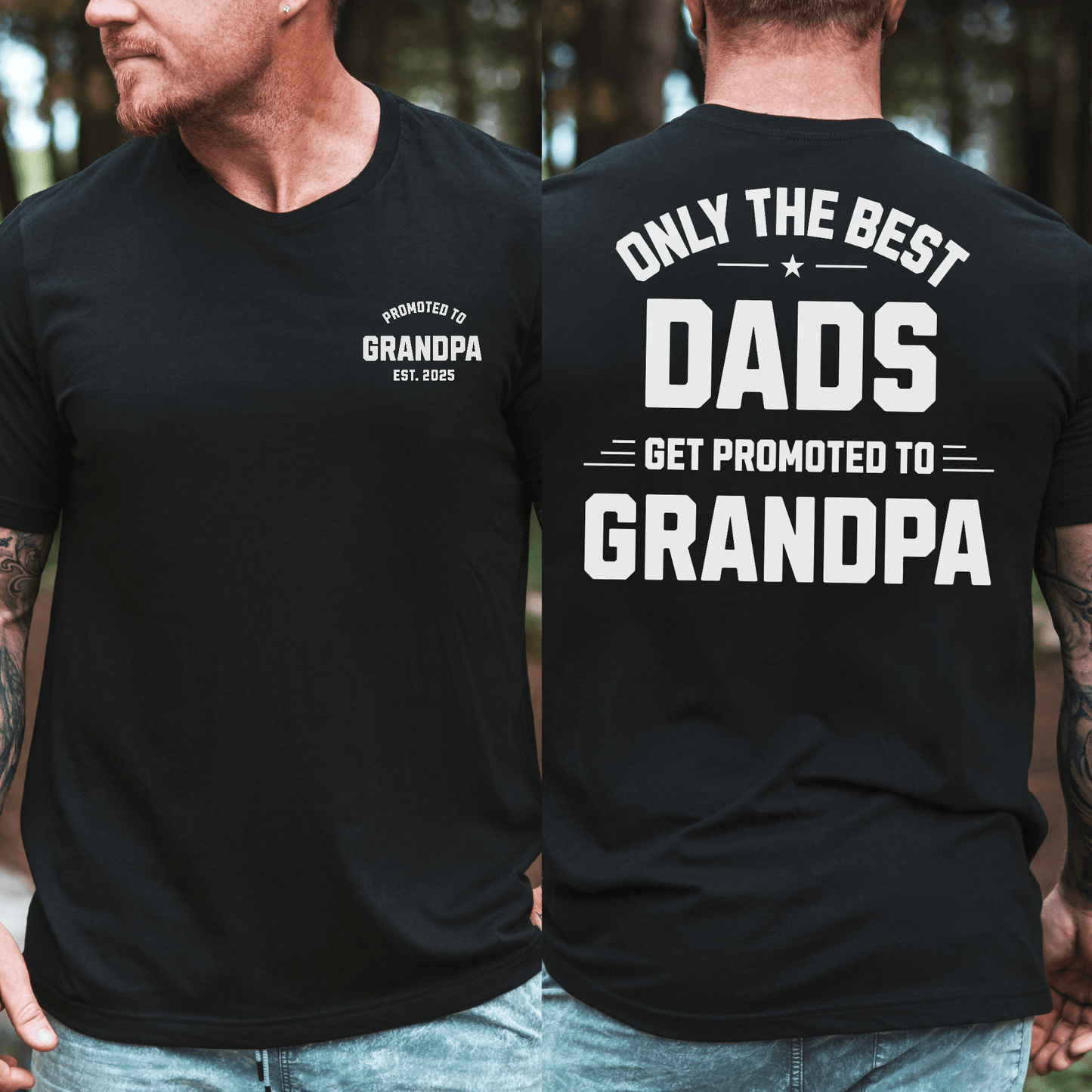 Custom Promoted to Grandpa Shirt by Maddy and George Designs black crew neck tee front chest logo and large white back text