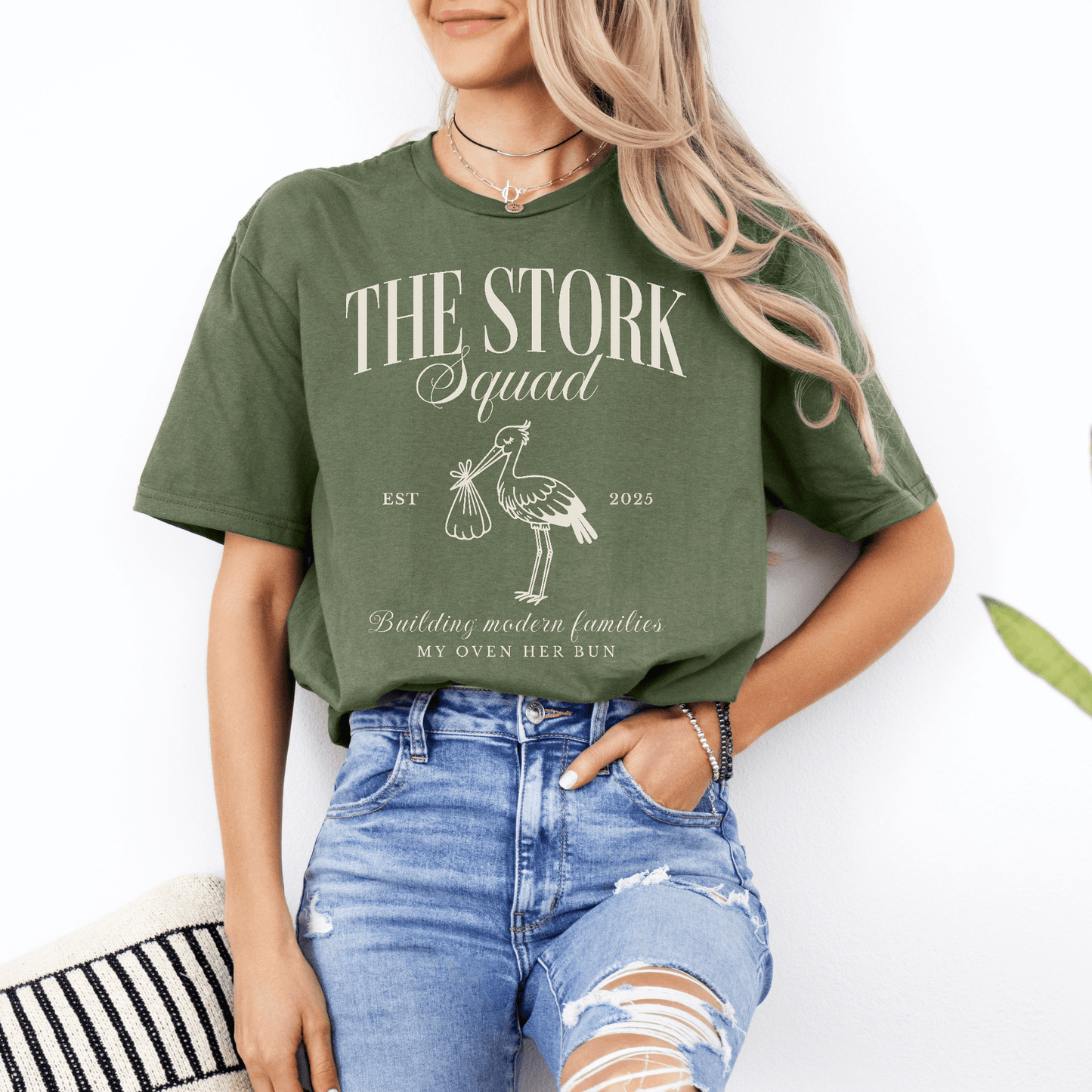 Matching Surrogacy Announcement Tee olive green stork squad graphic t shirt by Maddy and George Designs